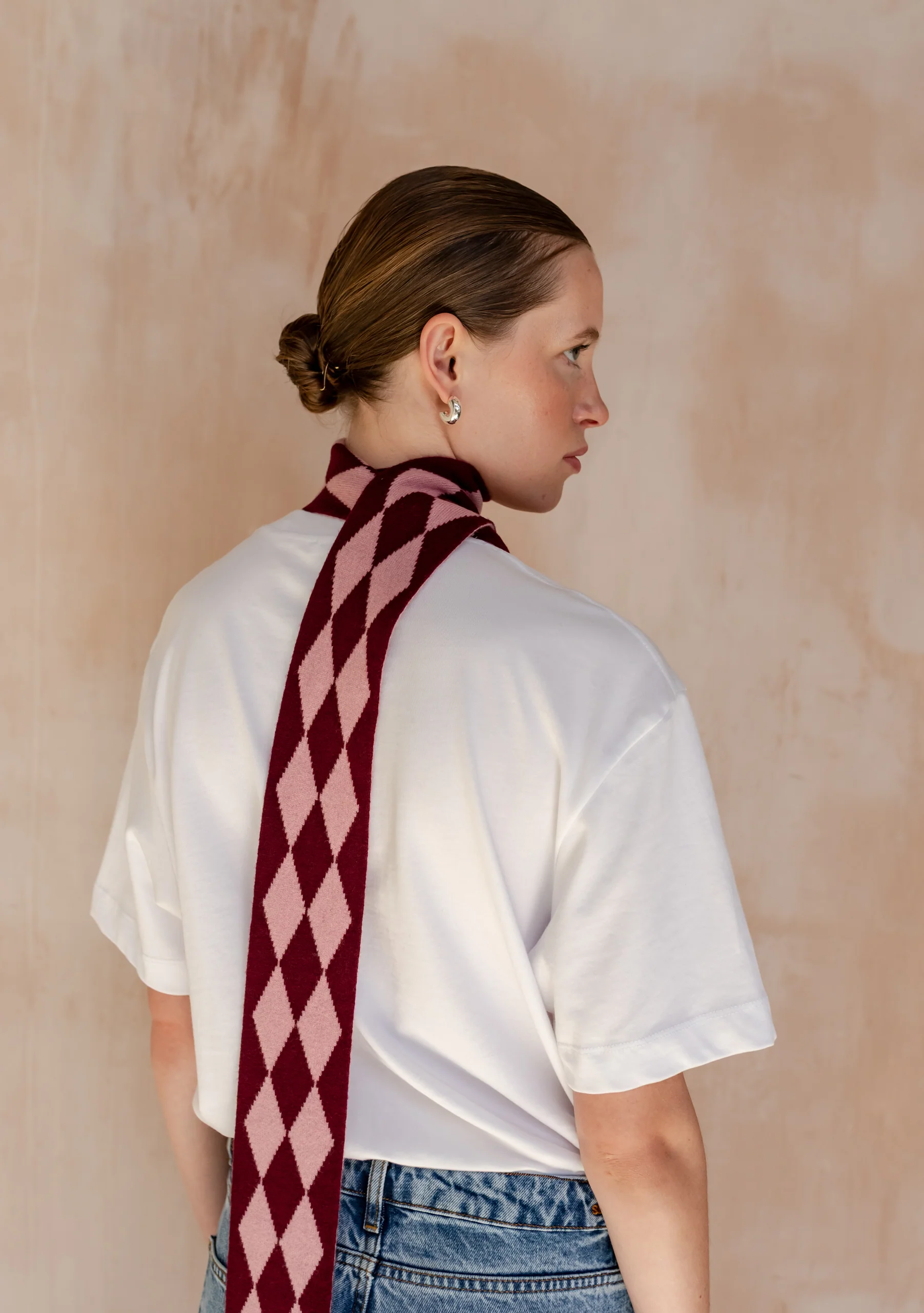 Merino Wool Skinny Scarf in Burgundy Harlequin - Image 5