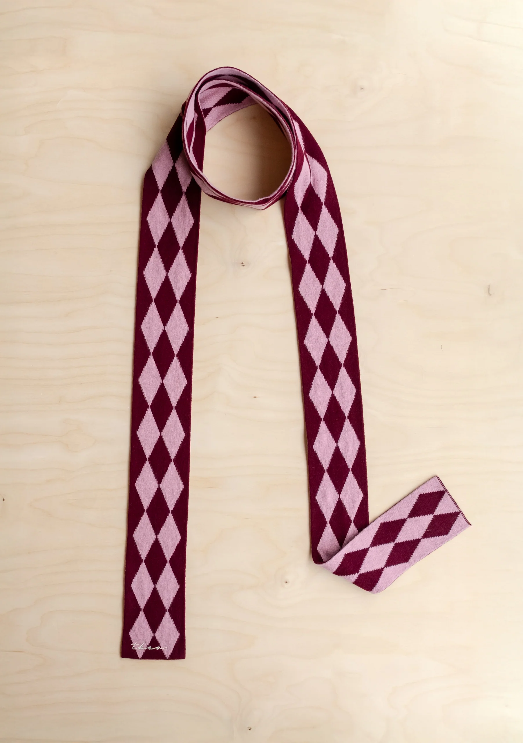 Merino Wool Skinny Scarf in Burgundy Harlequin - Image 6