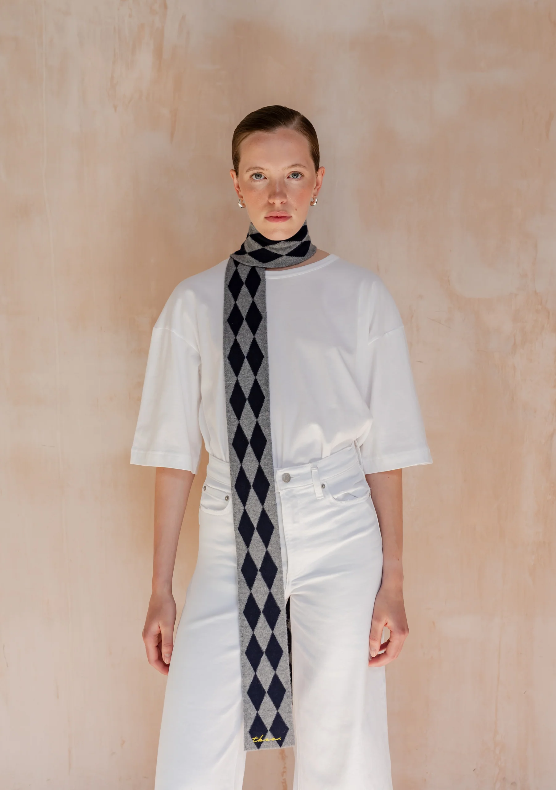 Merino Wool Skinny Scarf in Charcoal Harlequin - Image 2