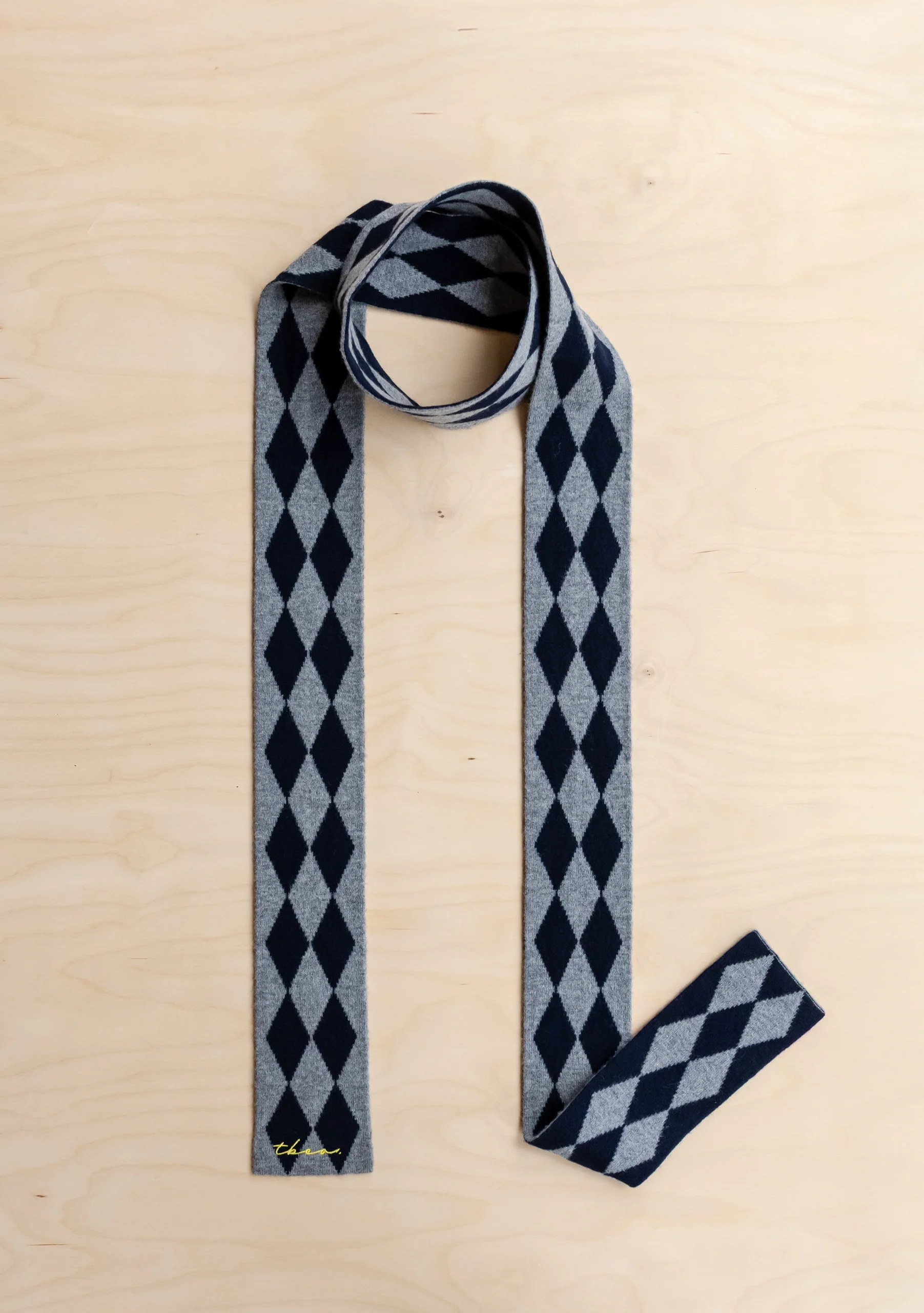 Merino Wool Skinny Scarf in Charcoal Harlequin - Image 3