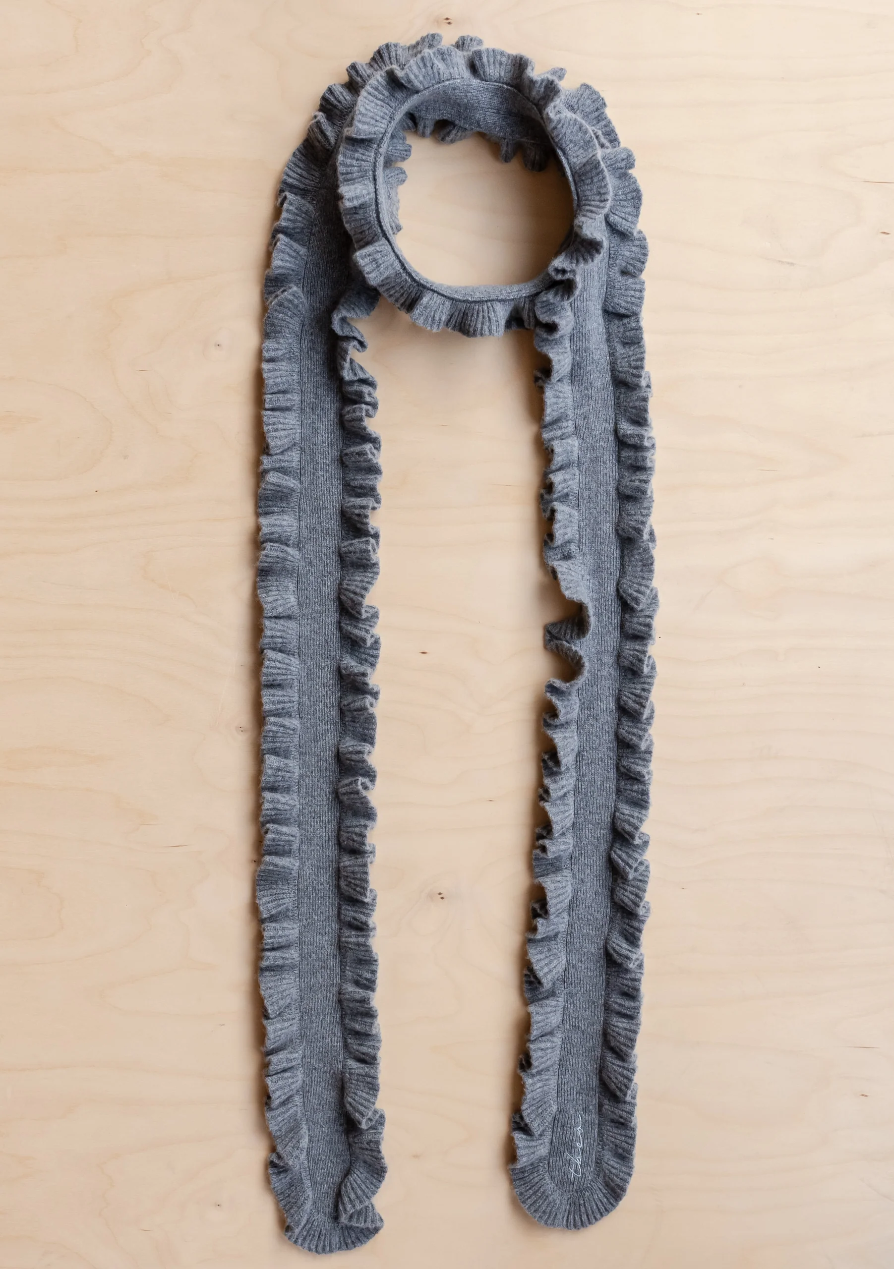 Merino Wool Skinny Scarf in Grey Ruffle - Image 3