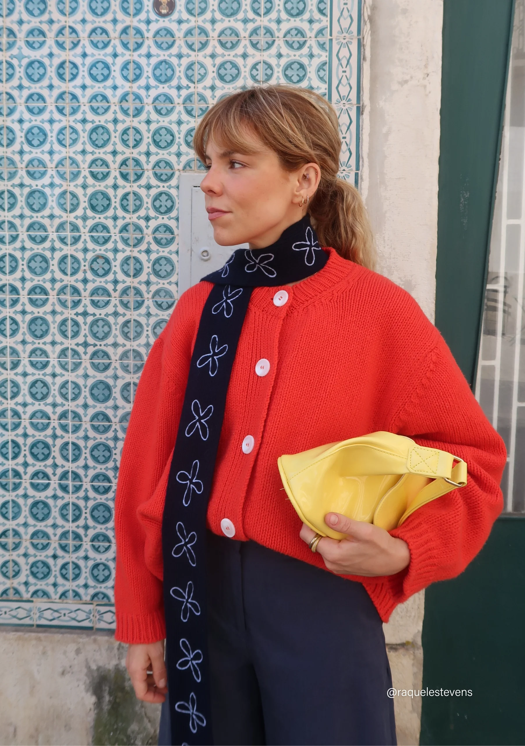 Merino Wool Skinny Scarf in Navy Flora