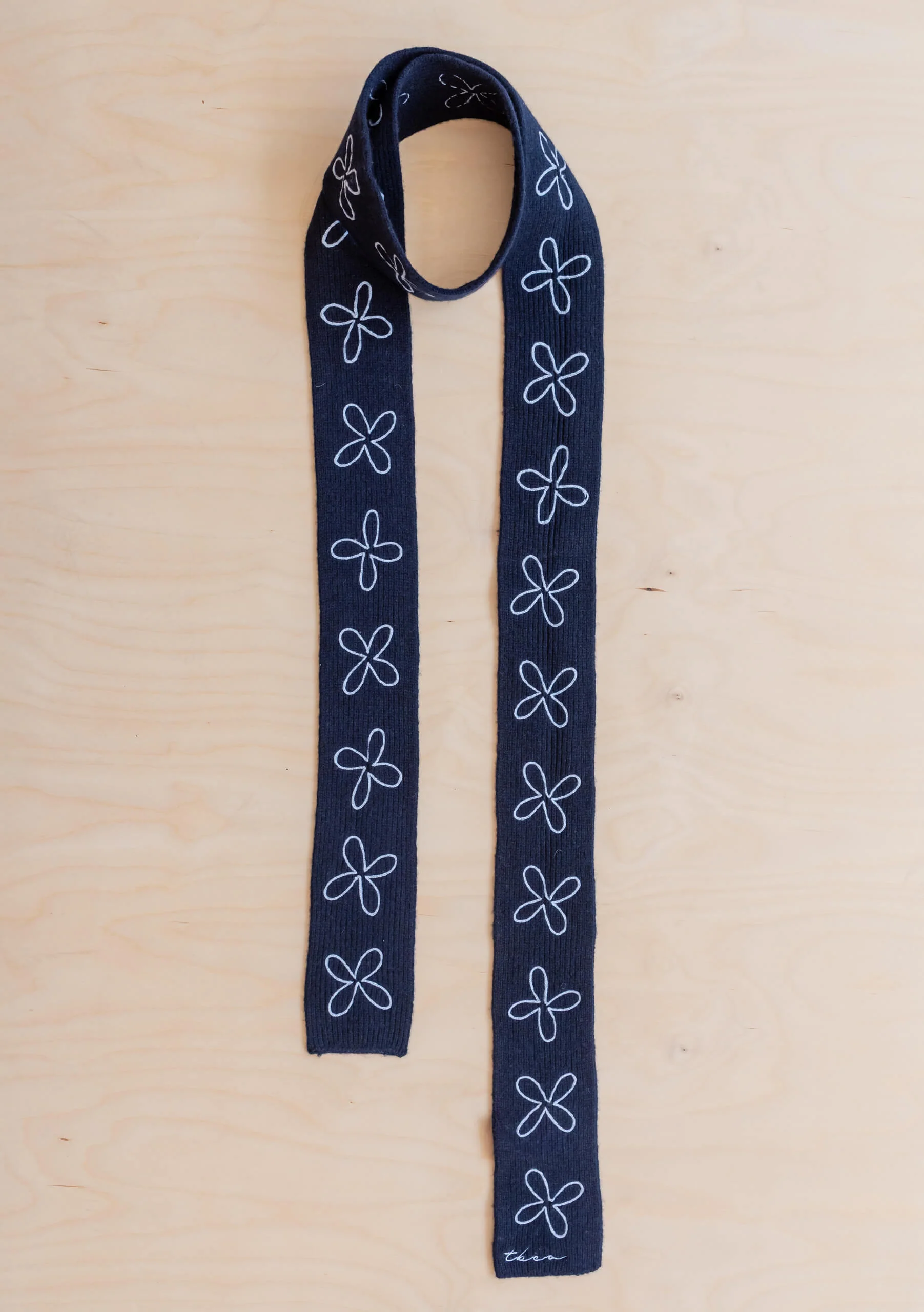 Merino Wool Skinny Scarf in Navy Flora - Image 2