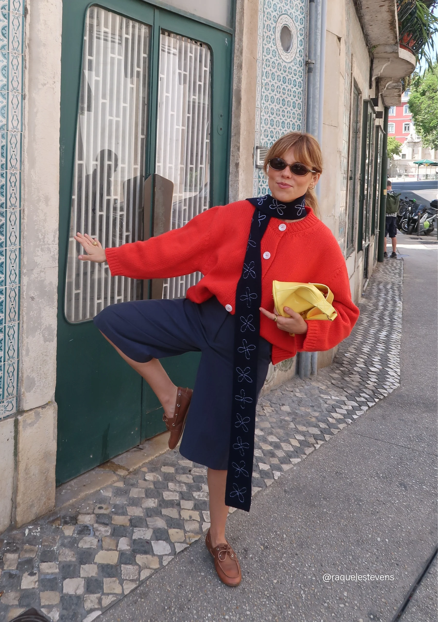 Merino Wool Skinny Scarf in Navy Flora - Image 3