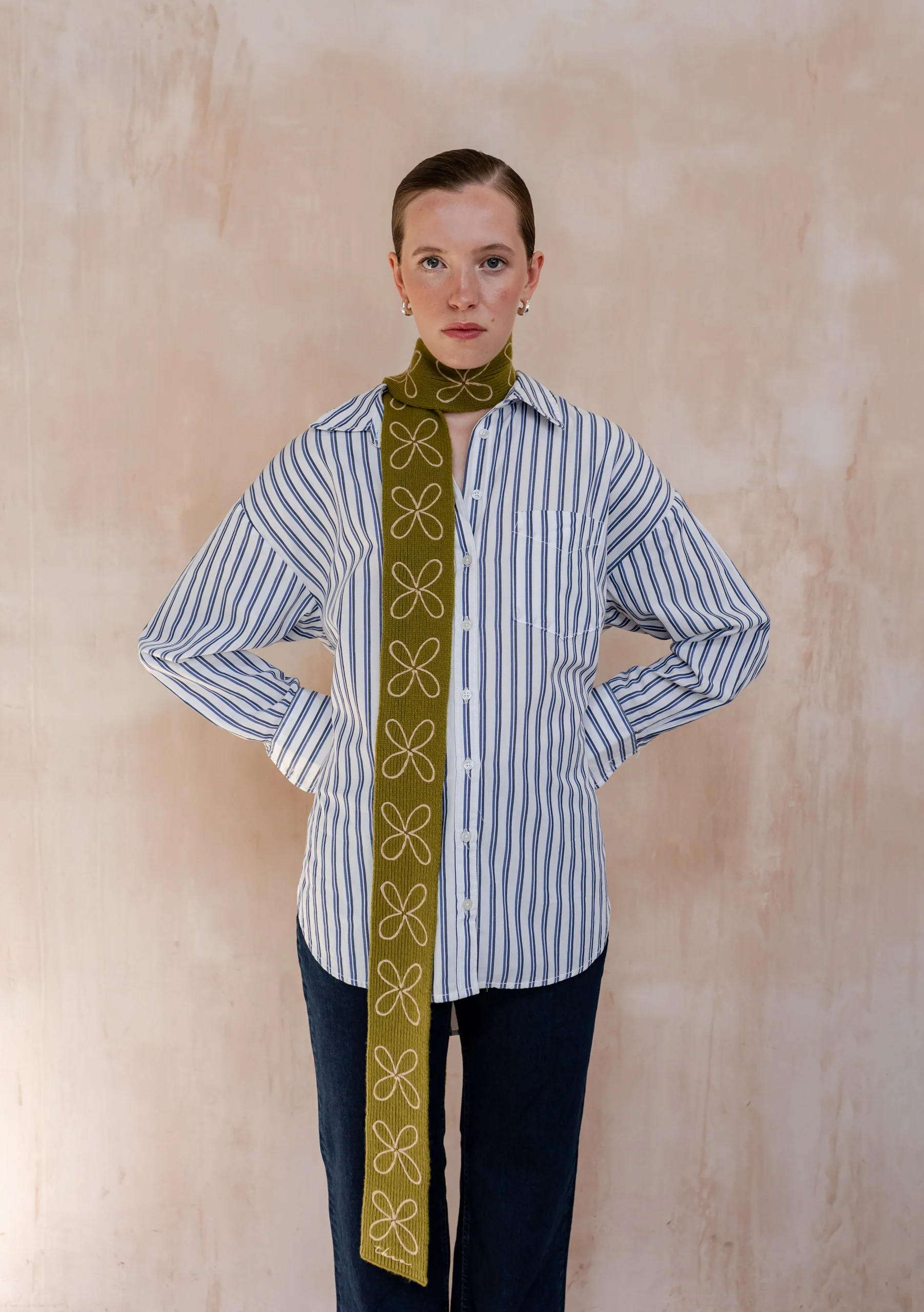 Merino Wool Skinny Scarf in Olive Flora - Image 3