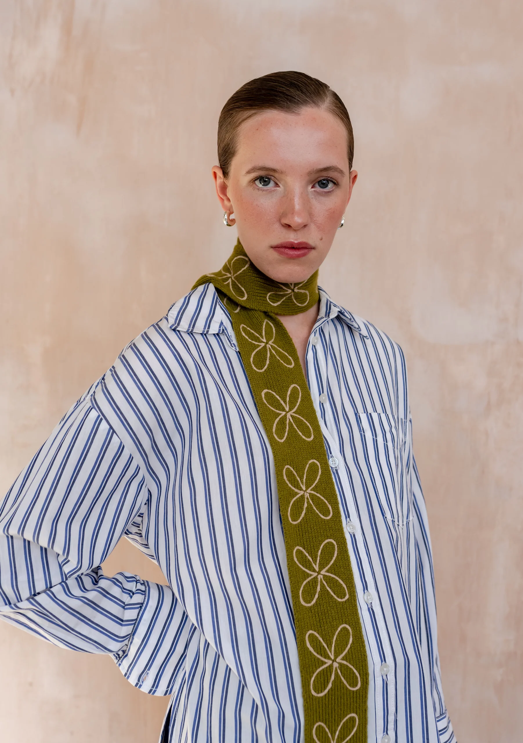 Merino Wool Skinny Scarf in Olive Flora - Image 4