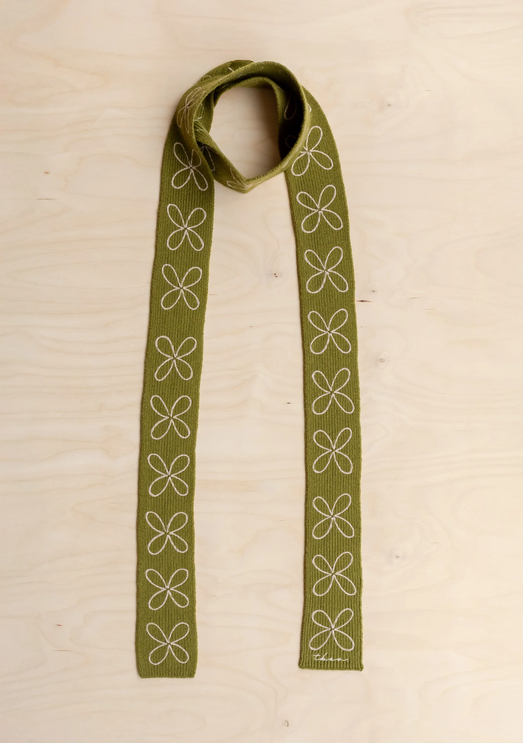 Merino Wool Skinny Scarf in Olive Flora - Image 5