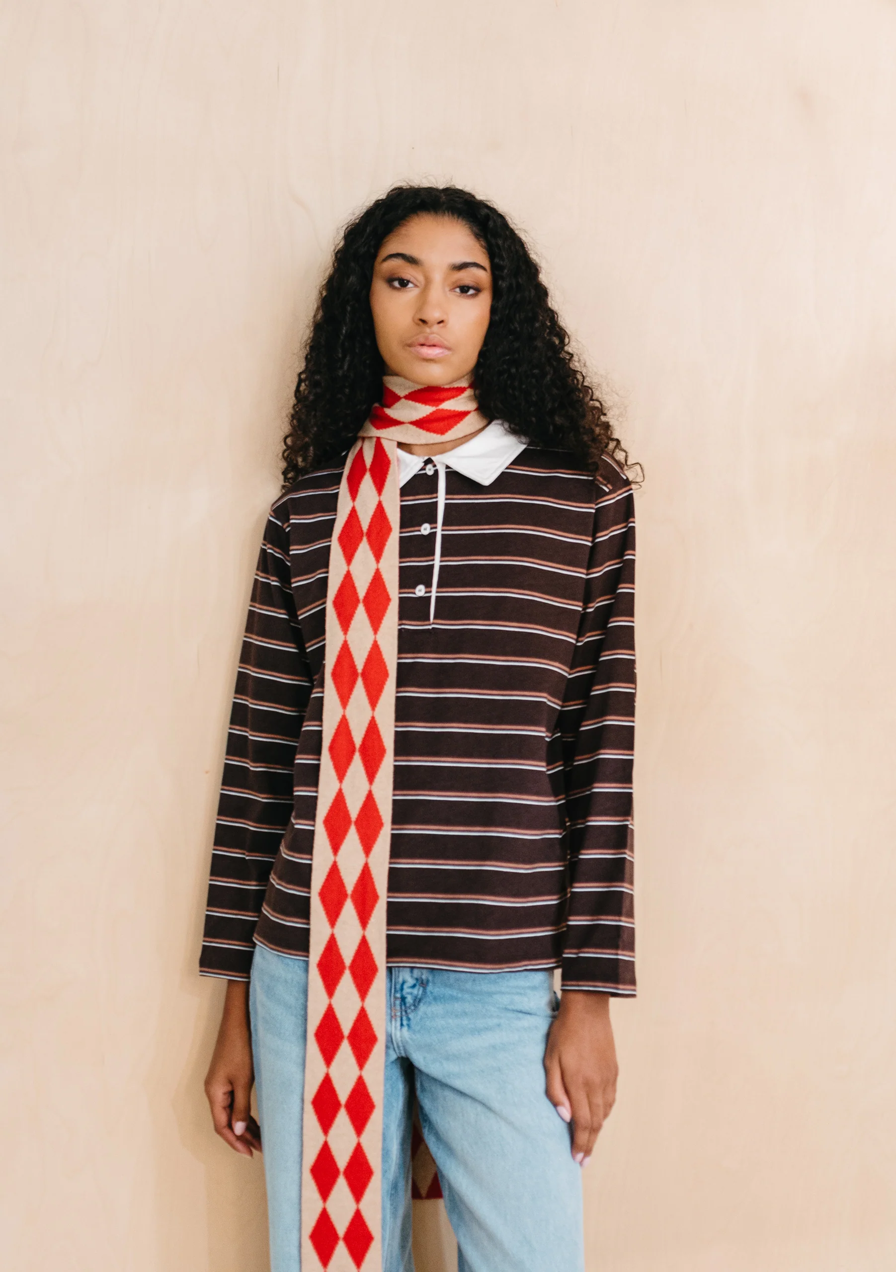 Merino Wool Skinny Scarf in Red Harlequin