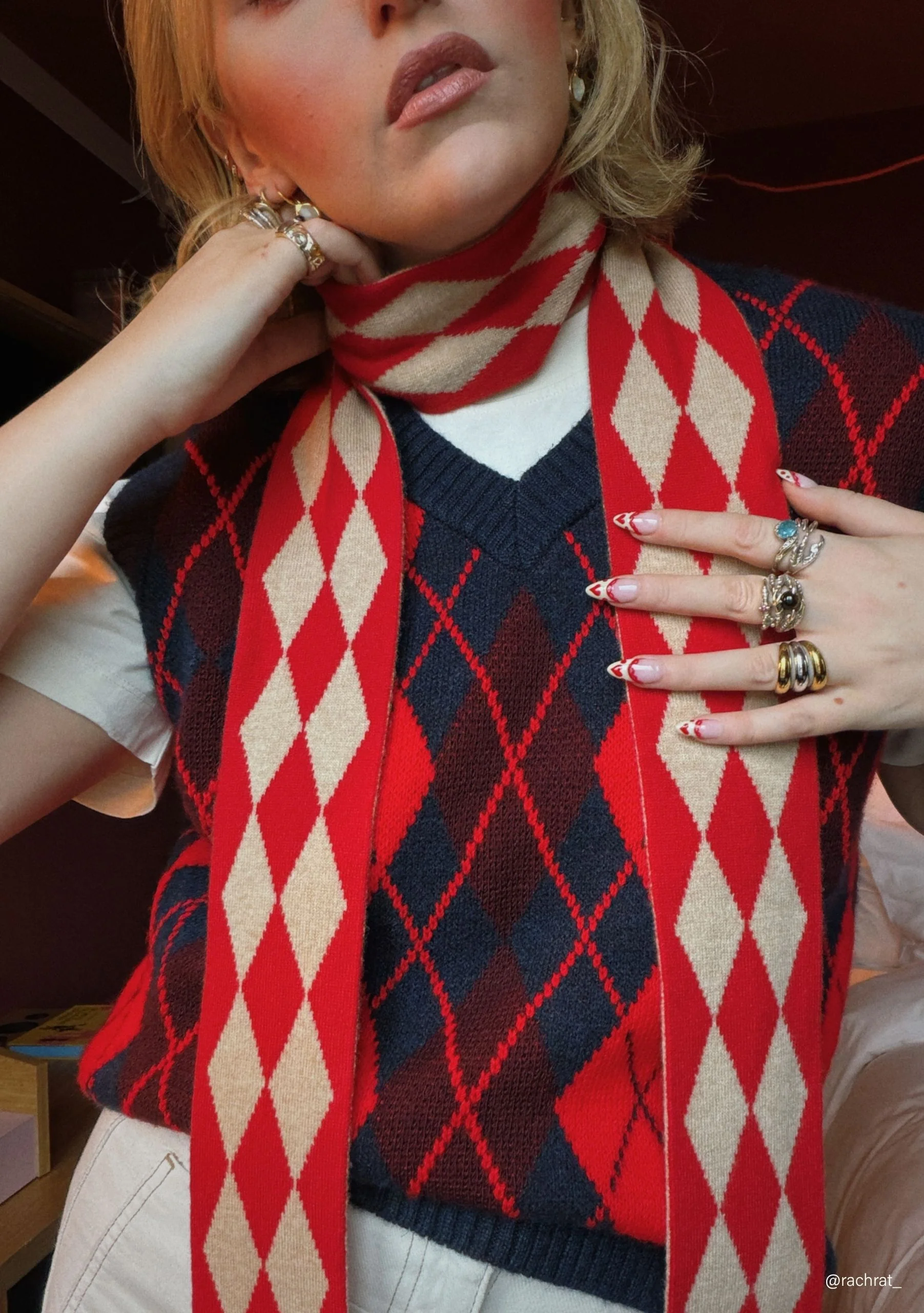 Merino Wool Skinny Scarf in Red Harlequin - Image 2