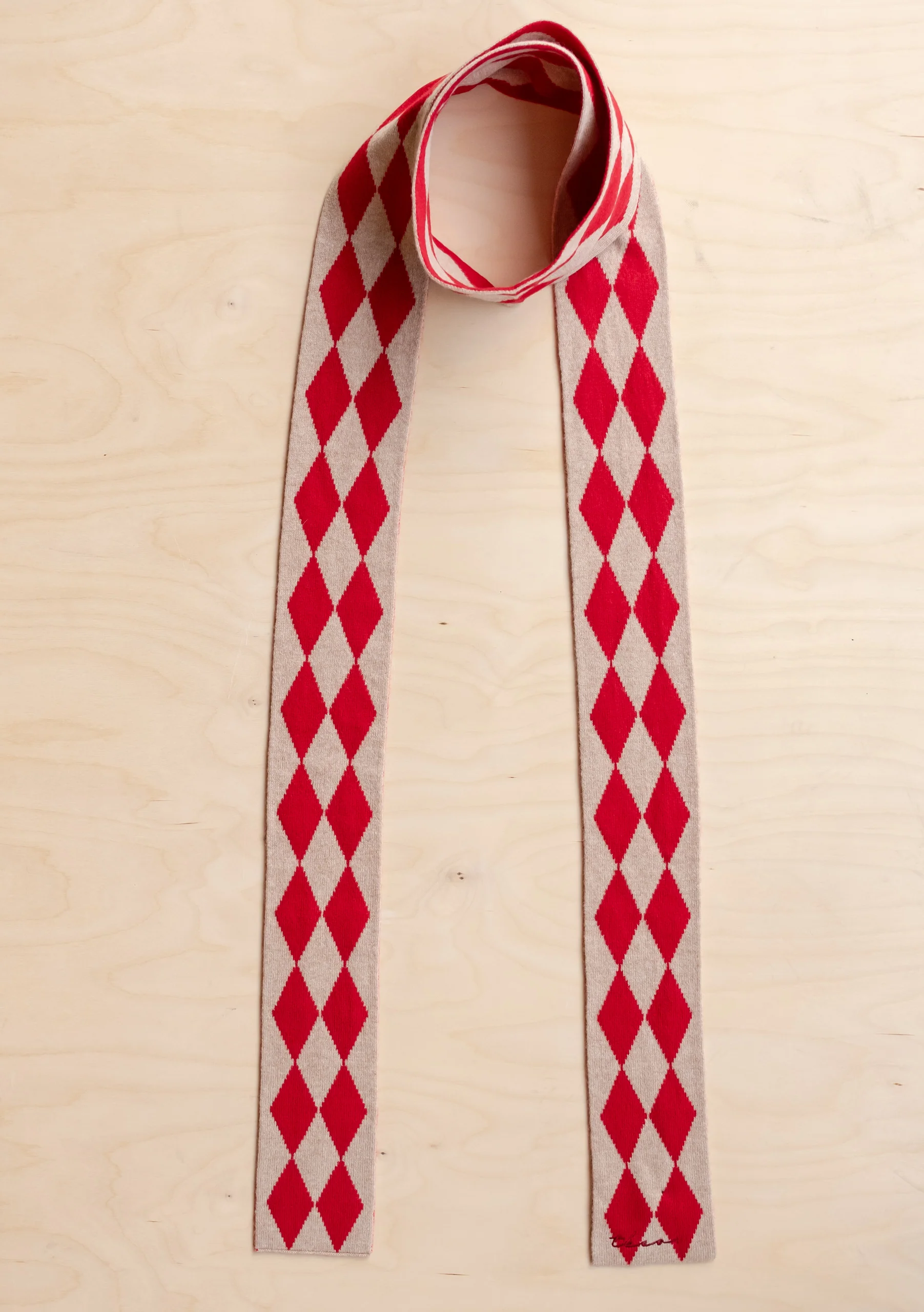 Merino Wool Skinny Scarf in Red Harlequin - Image 3