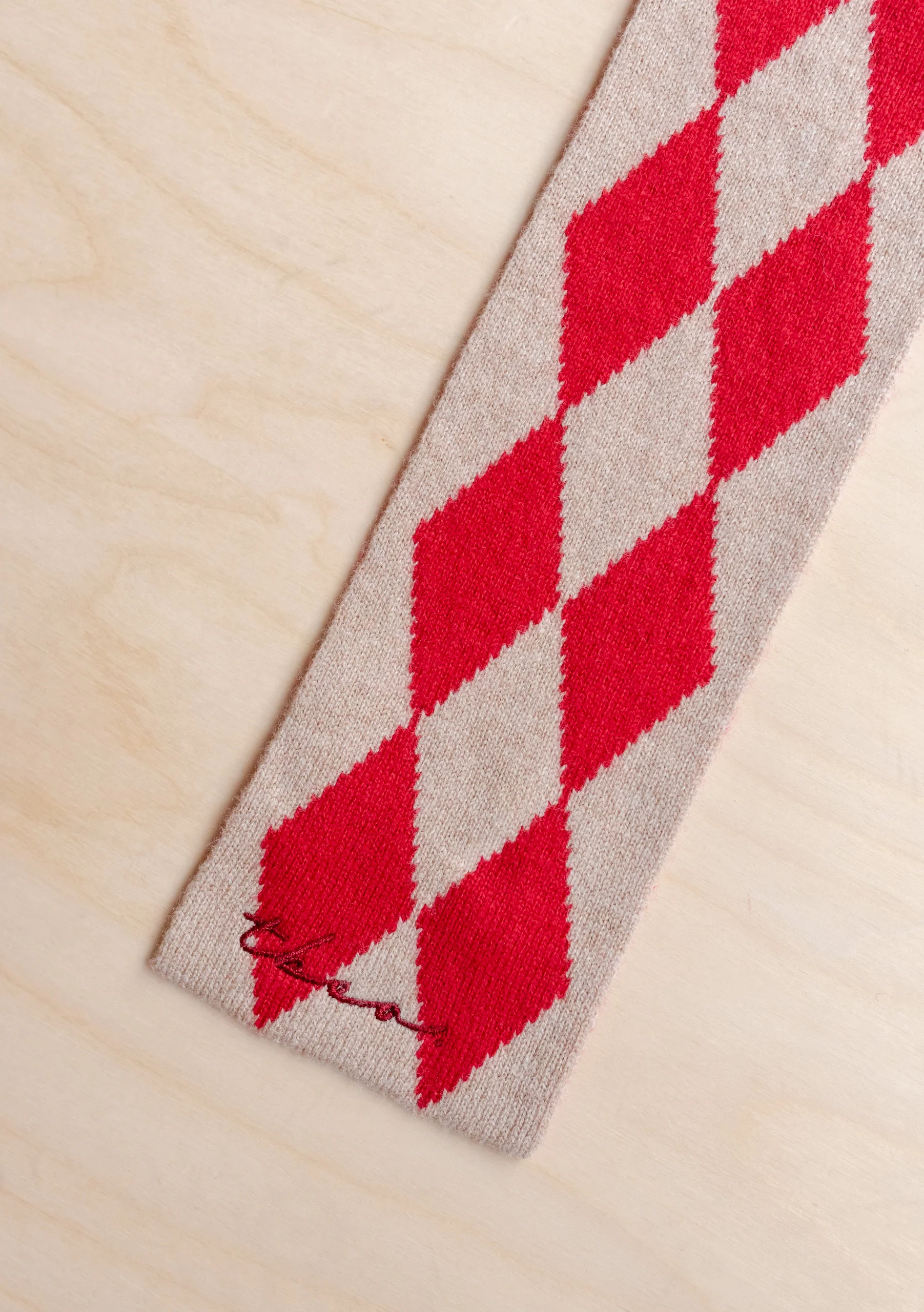Merino Wool Skinny Scarf in Red Harlequin - Image 4