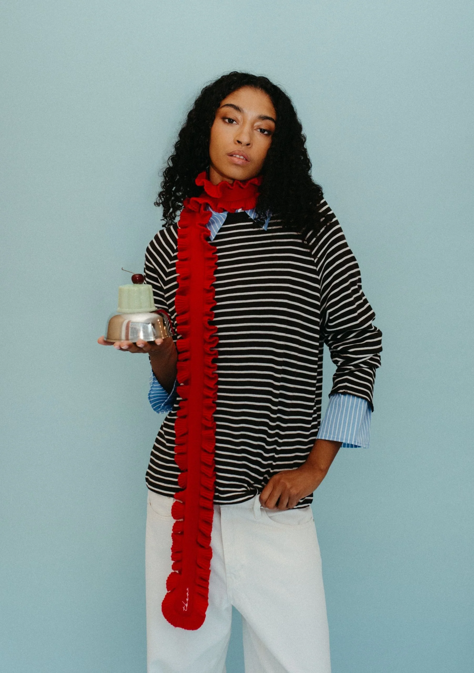 Merino Wool Skinny Scarf in Red Ruffle - Image 2
