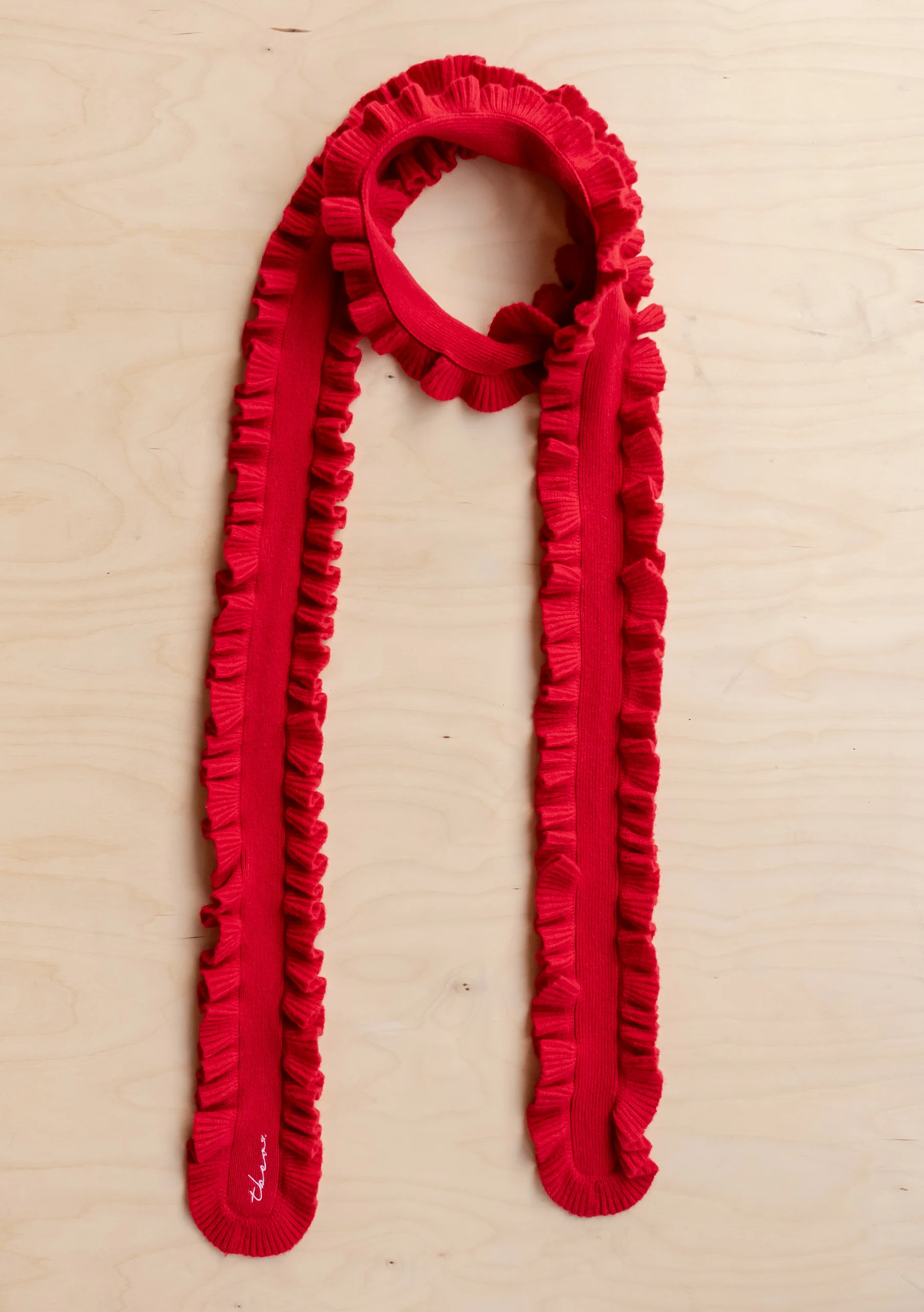 Merino Wool Skinny Scarf in Red Ruffle - Image 3