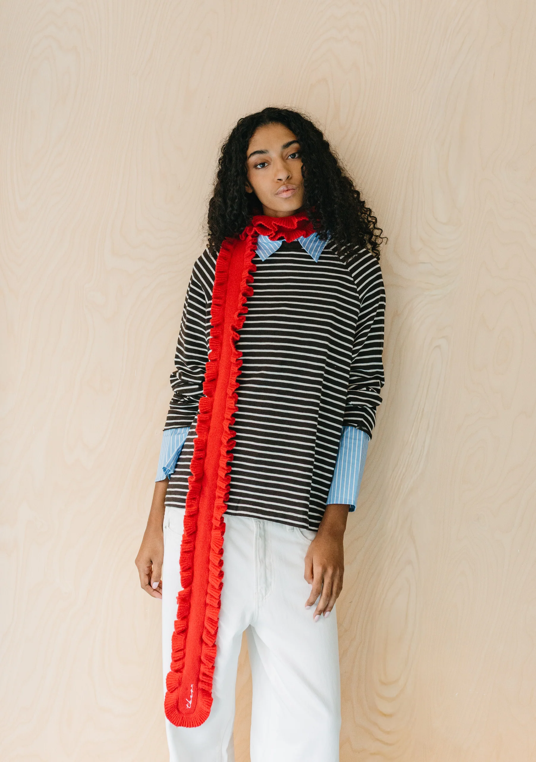 Merino Wool Skinny Scarf in Red Ruffle - Image 4