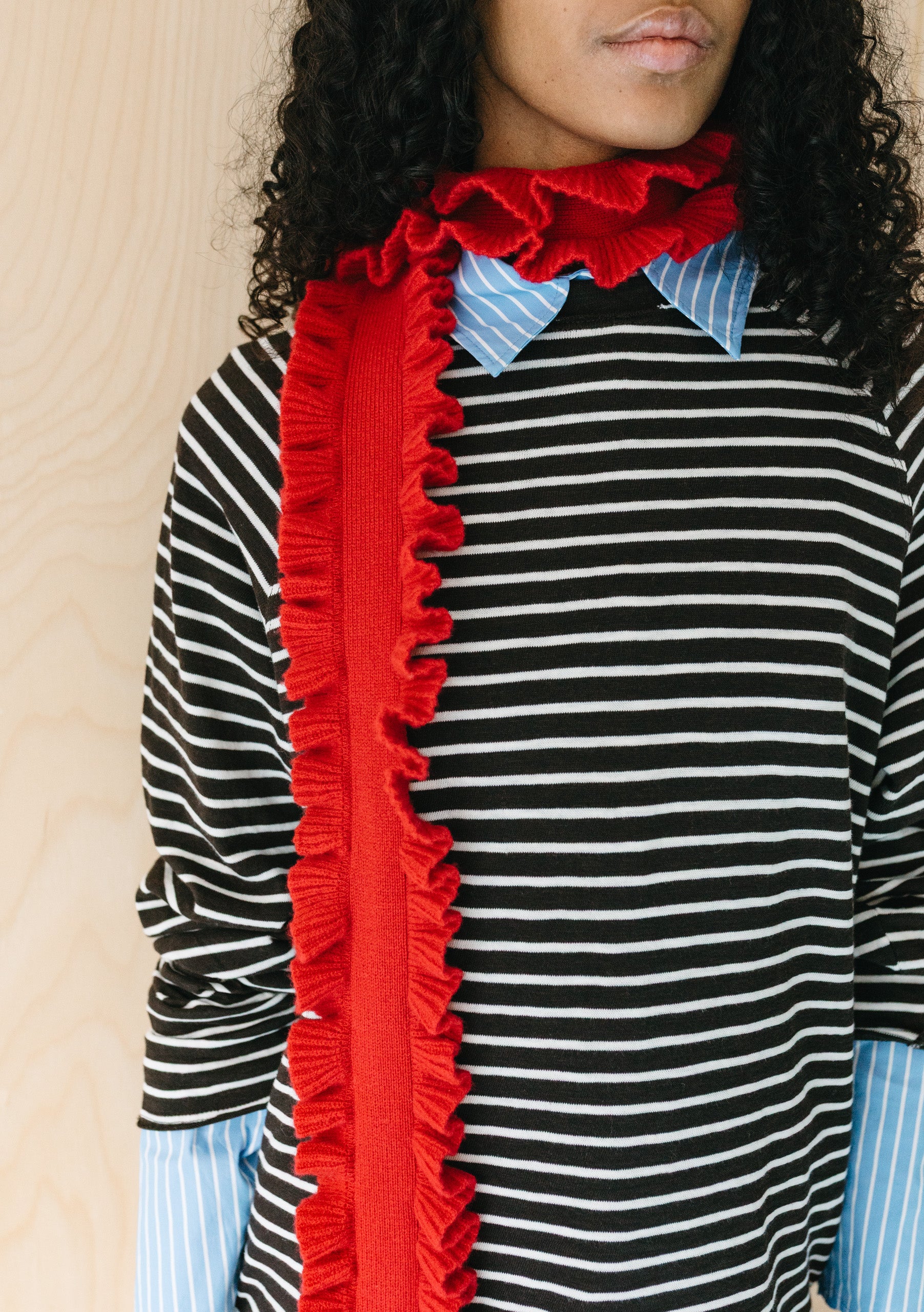 Merino Wool Skinny Scarf in Red Ruffle - Image 5
