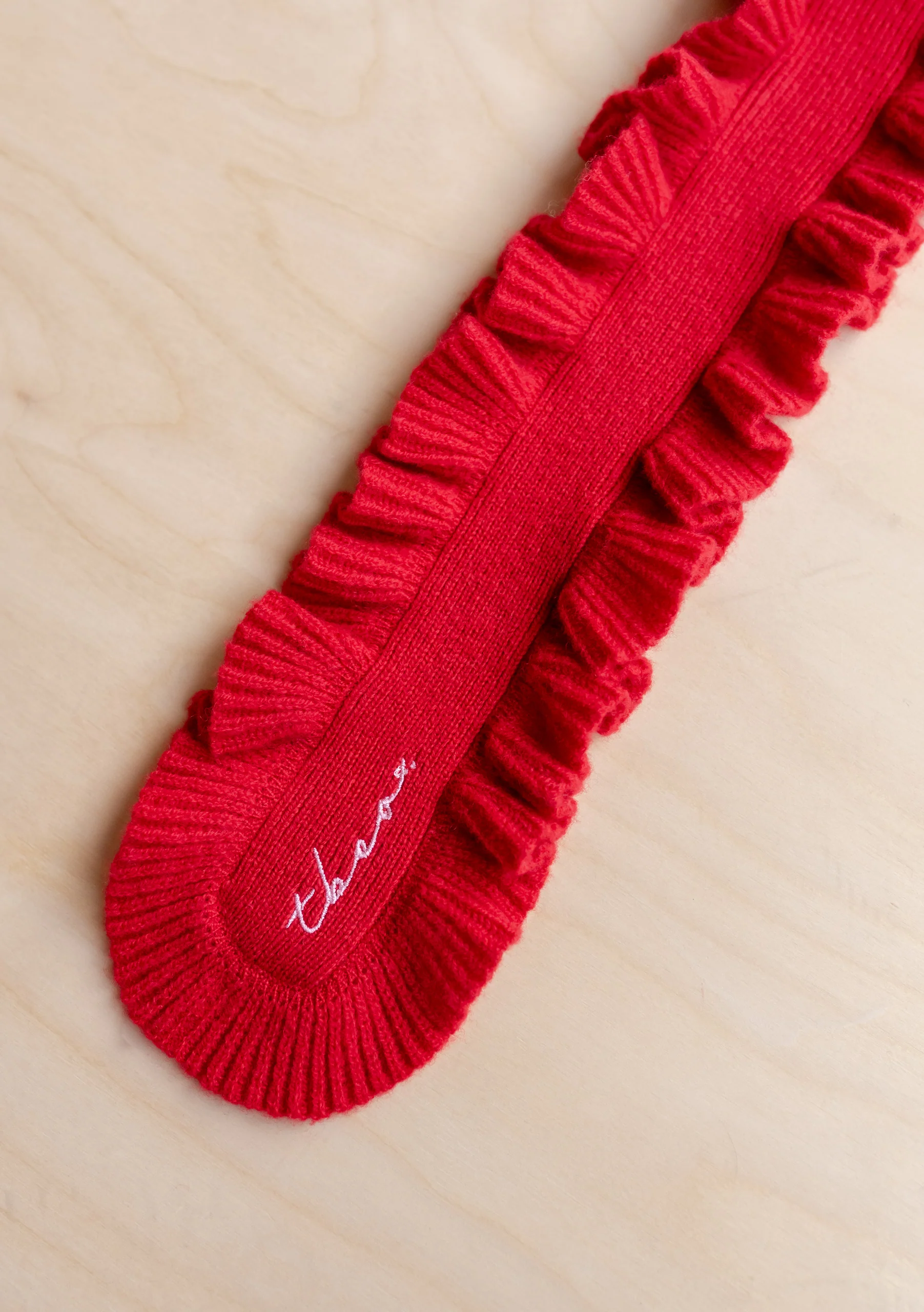 Merino Wool Skinny Scarf in Red Ruffle - Image 6