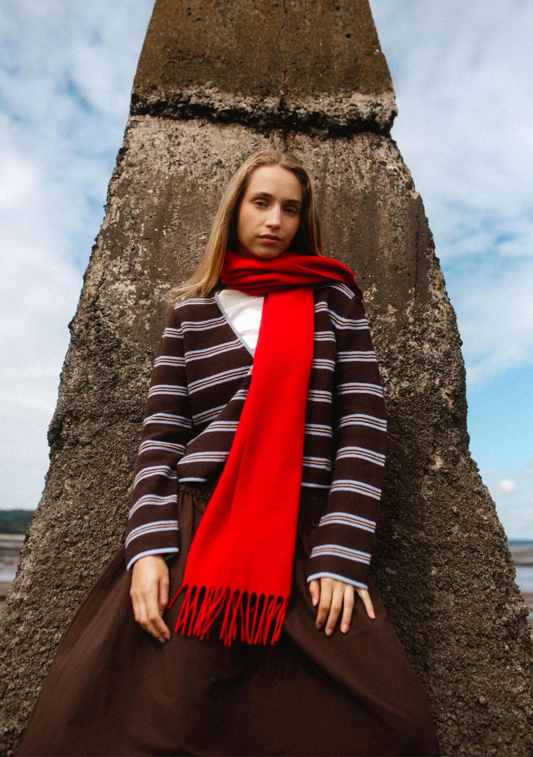 Merino Wool Tie Cardigan in Brown Stripe - Image 3