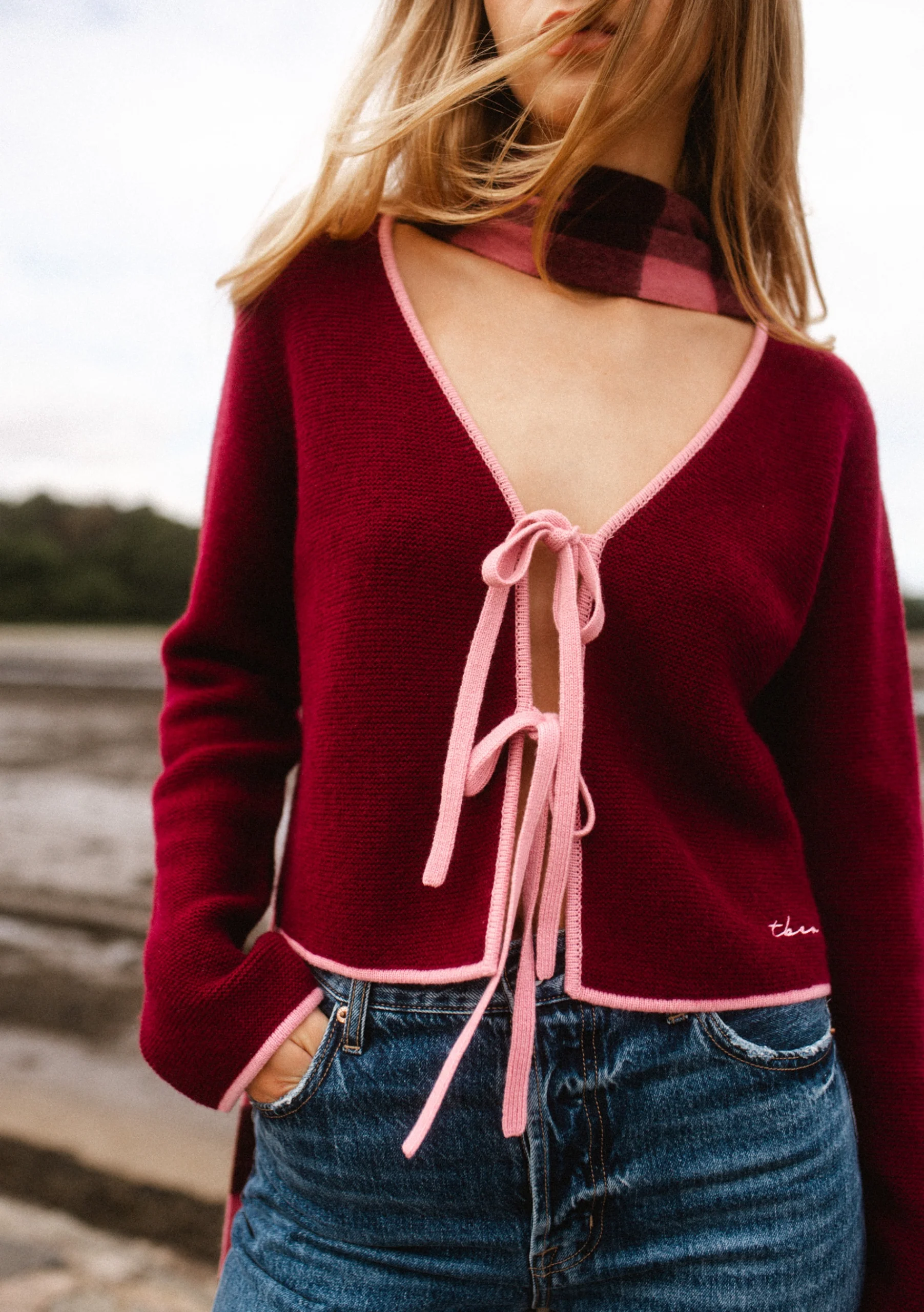 Merino Wool Tie Cardigan in Burgundy - Image 3