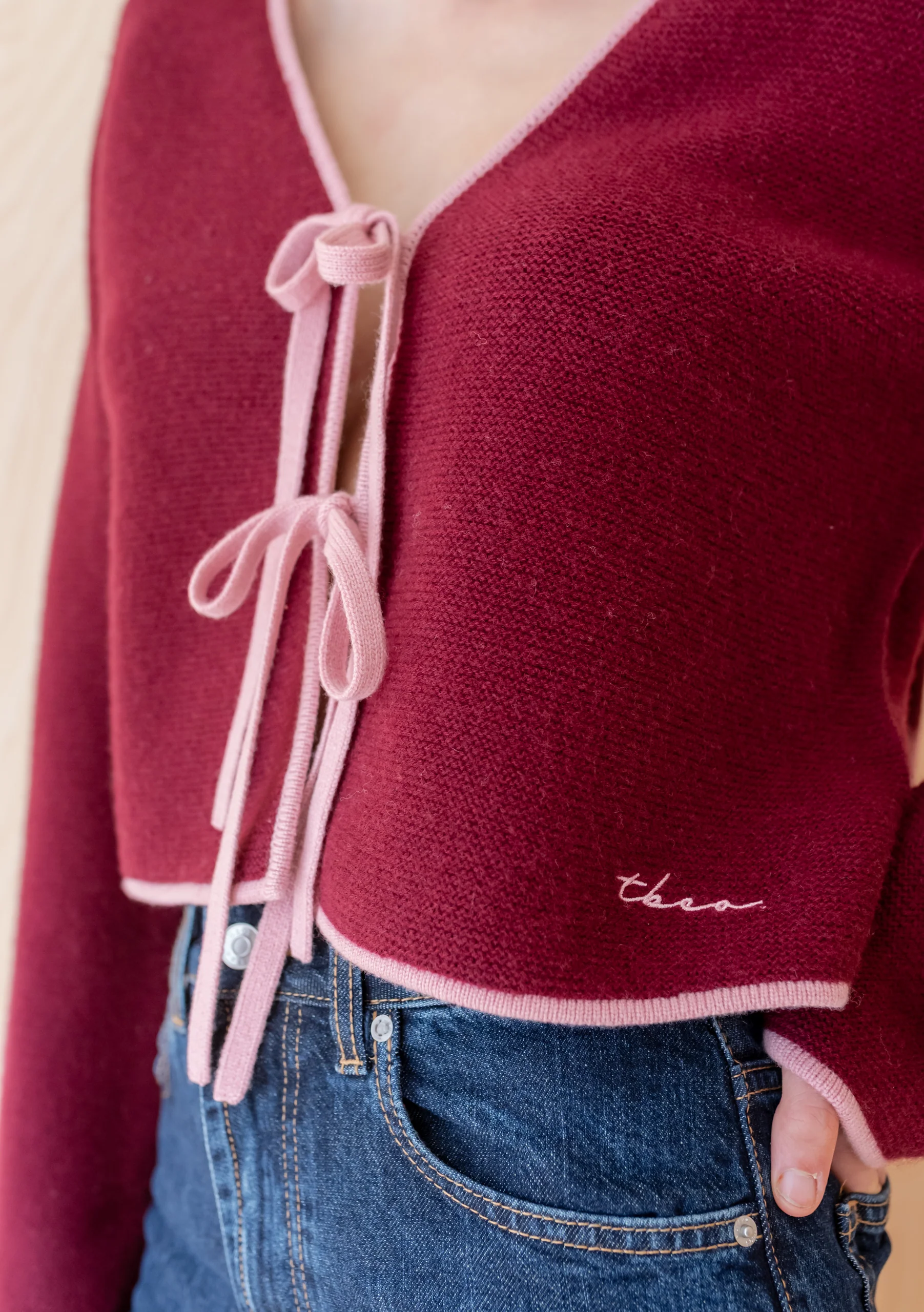 Merino Wool Tie Cardigan in Burgundy - Image 4