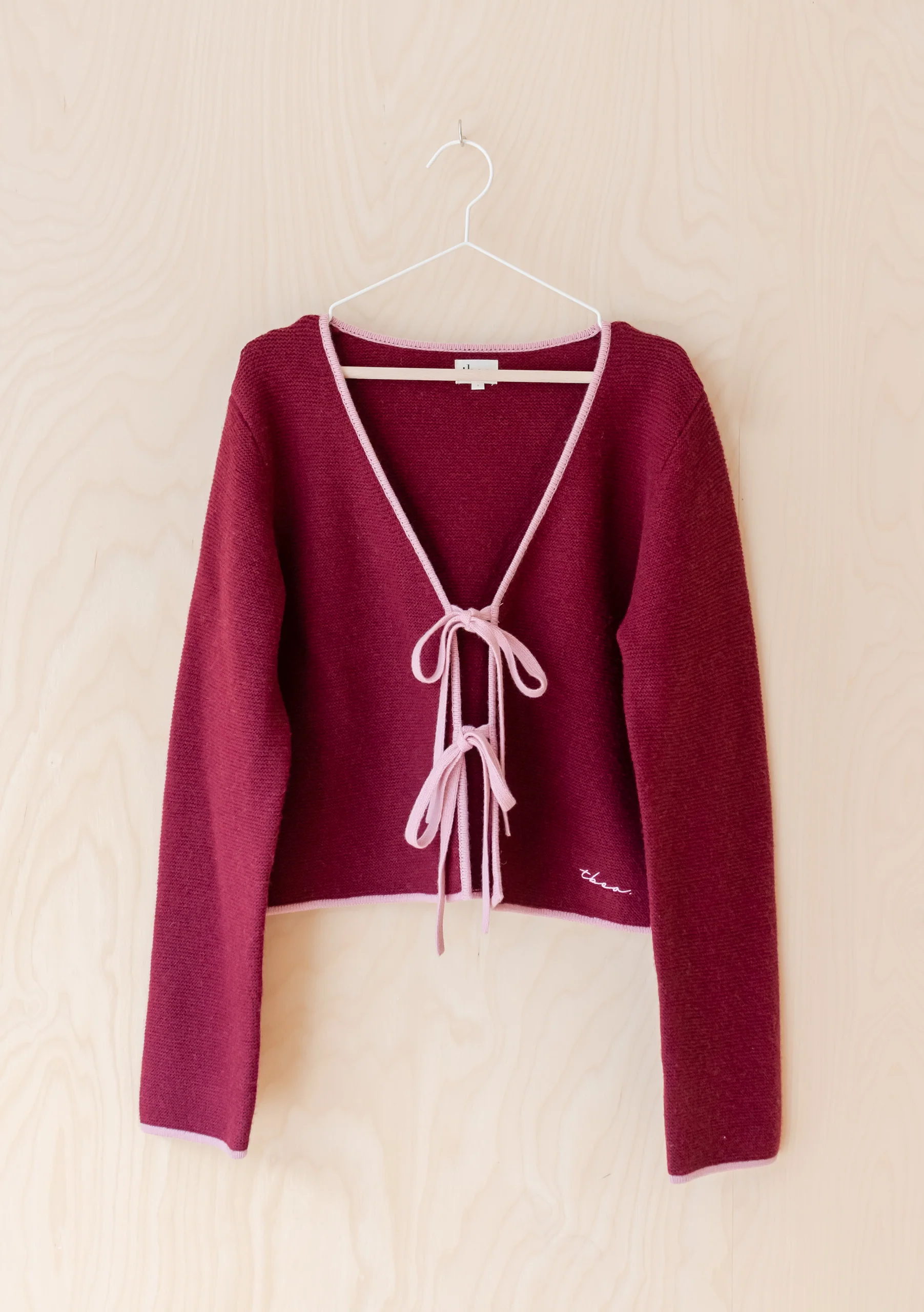 Merino Wool Tie Cardigan in Burgundy - Image 6