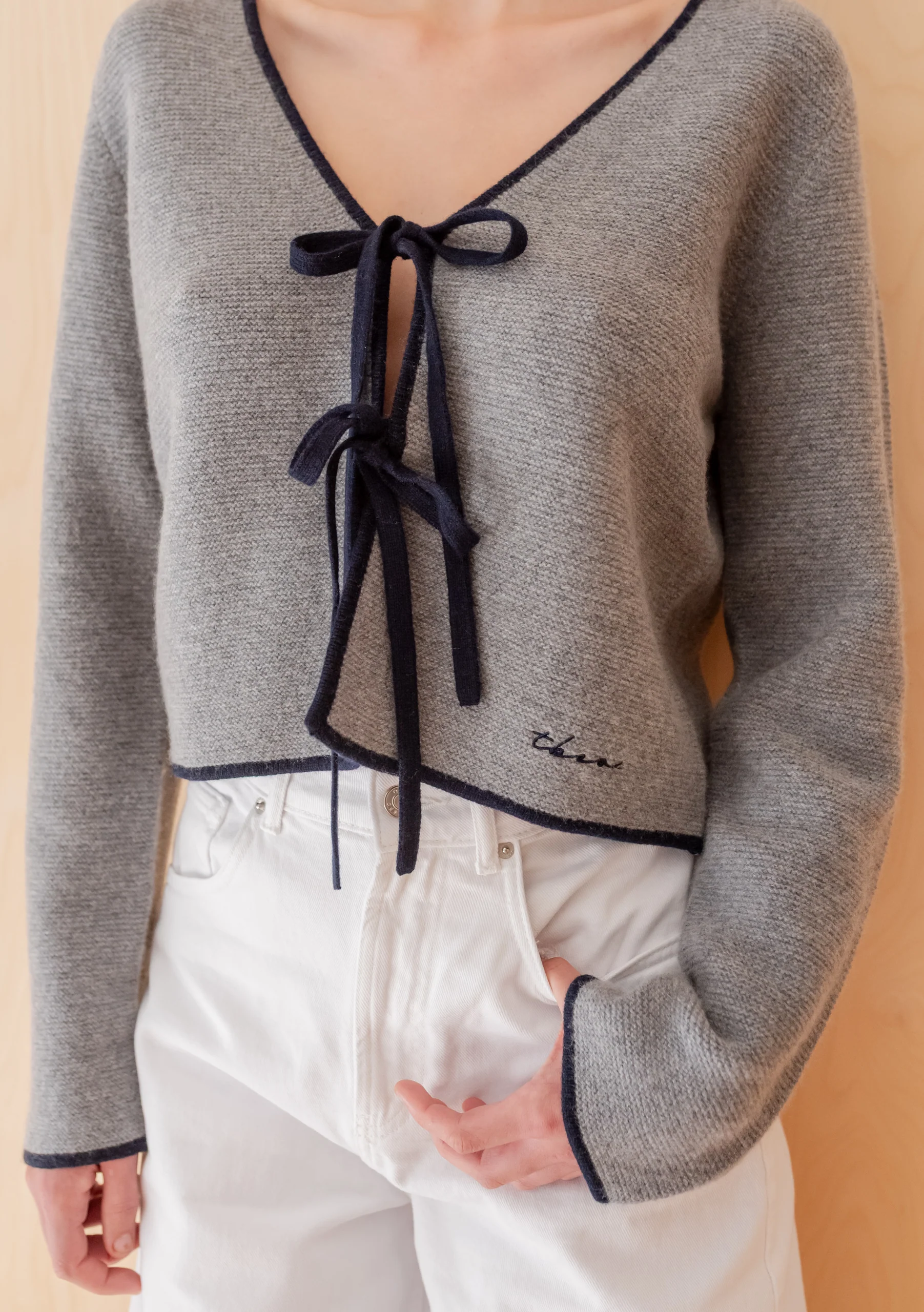 Merino Wool Tie Cardigan in Grey - Image 3
