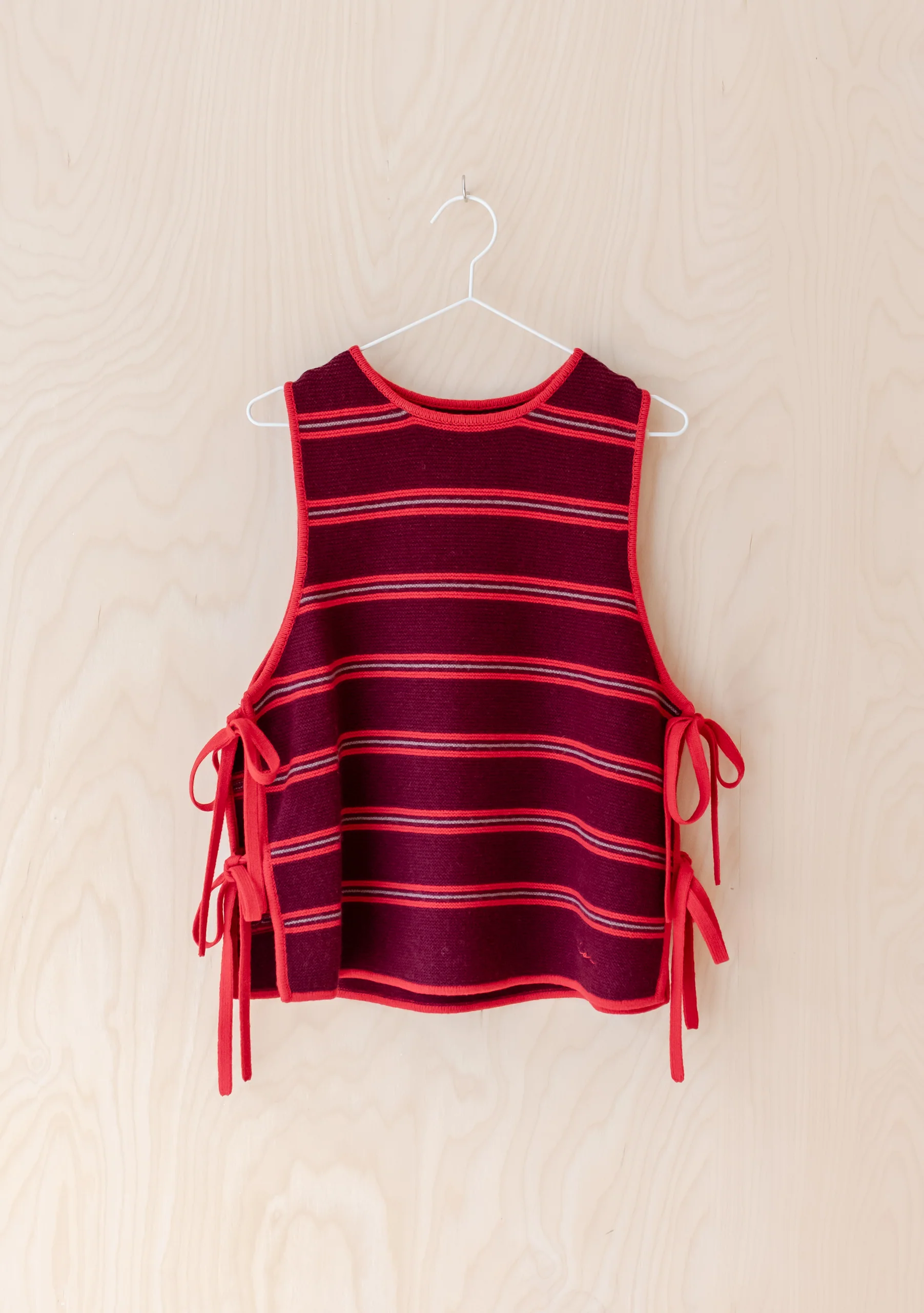 Merino Wool Tie Vest in Burgundy Stripe - Image 5