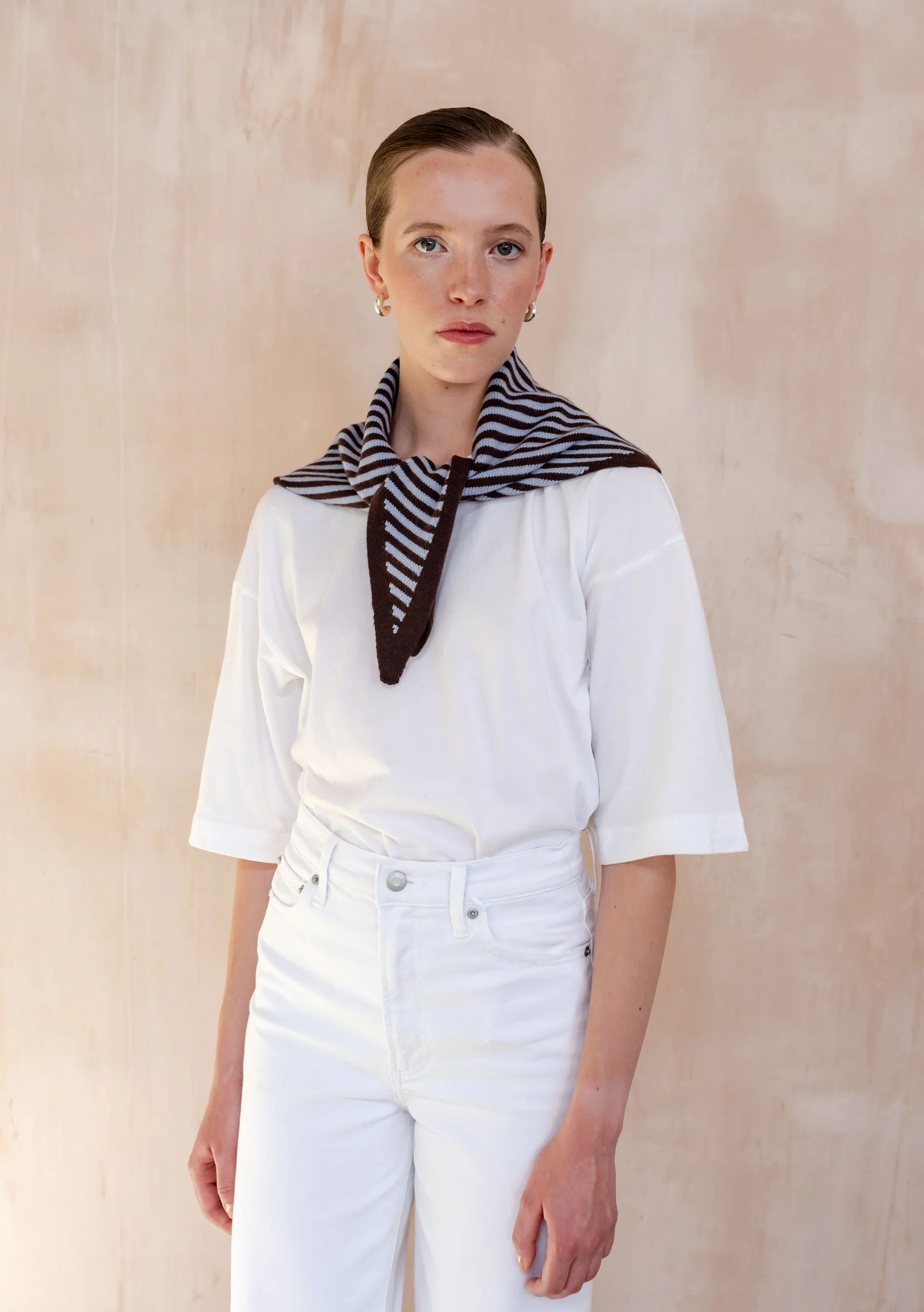 Merino Wool Triangle Scarf in Blue & Brown Stripe - Image 2