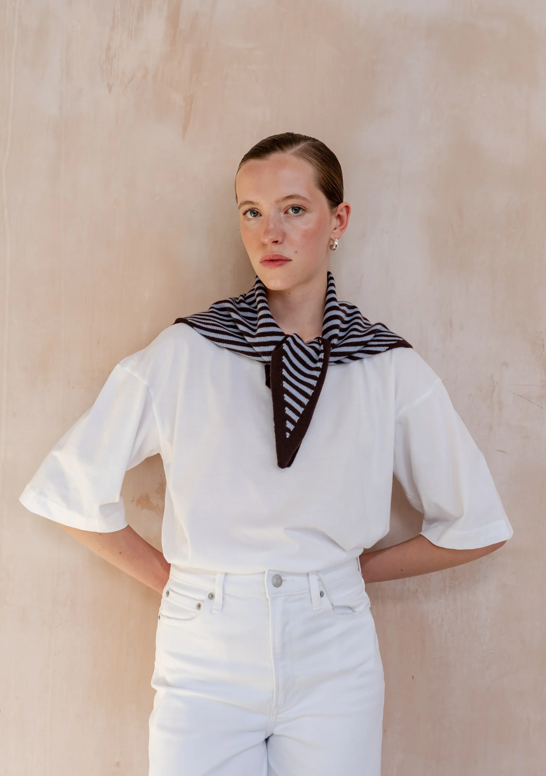 Merino Wool Triangle Scarf in Blue & Brown Stripe - Image 4
