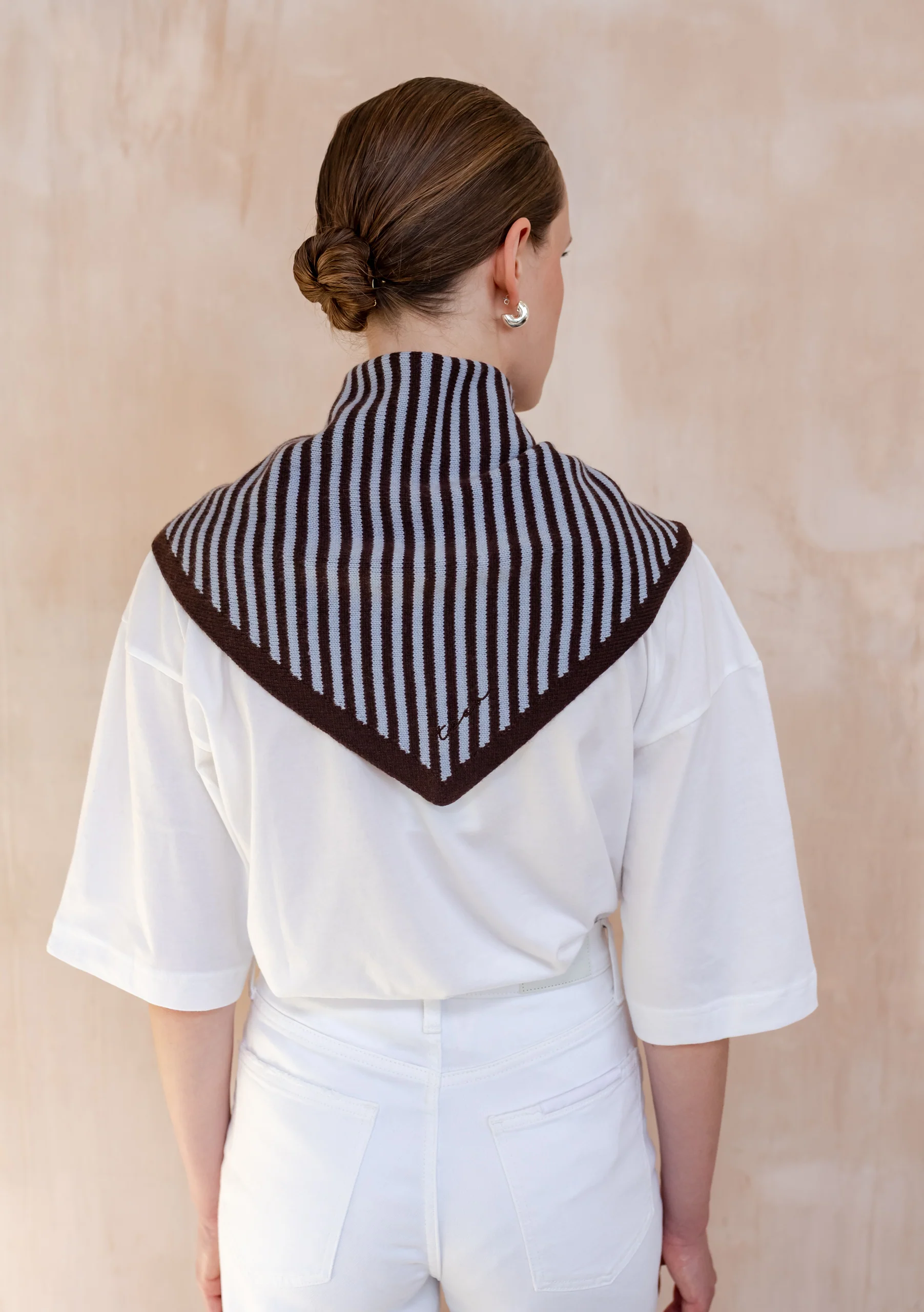 Merino Wool Triangle Scarf in Blue & Brown Stripe - Image 5