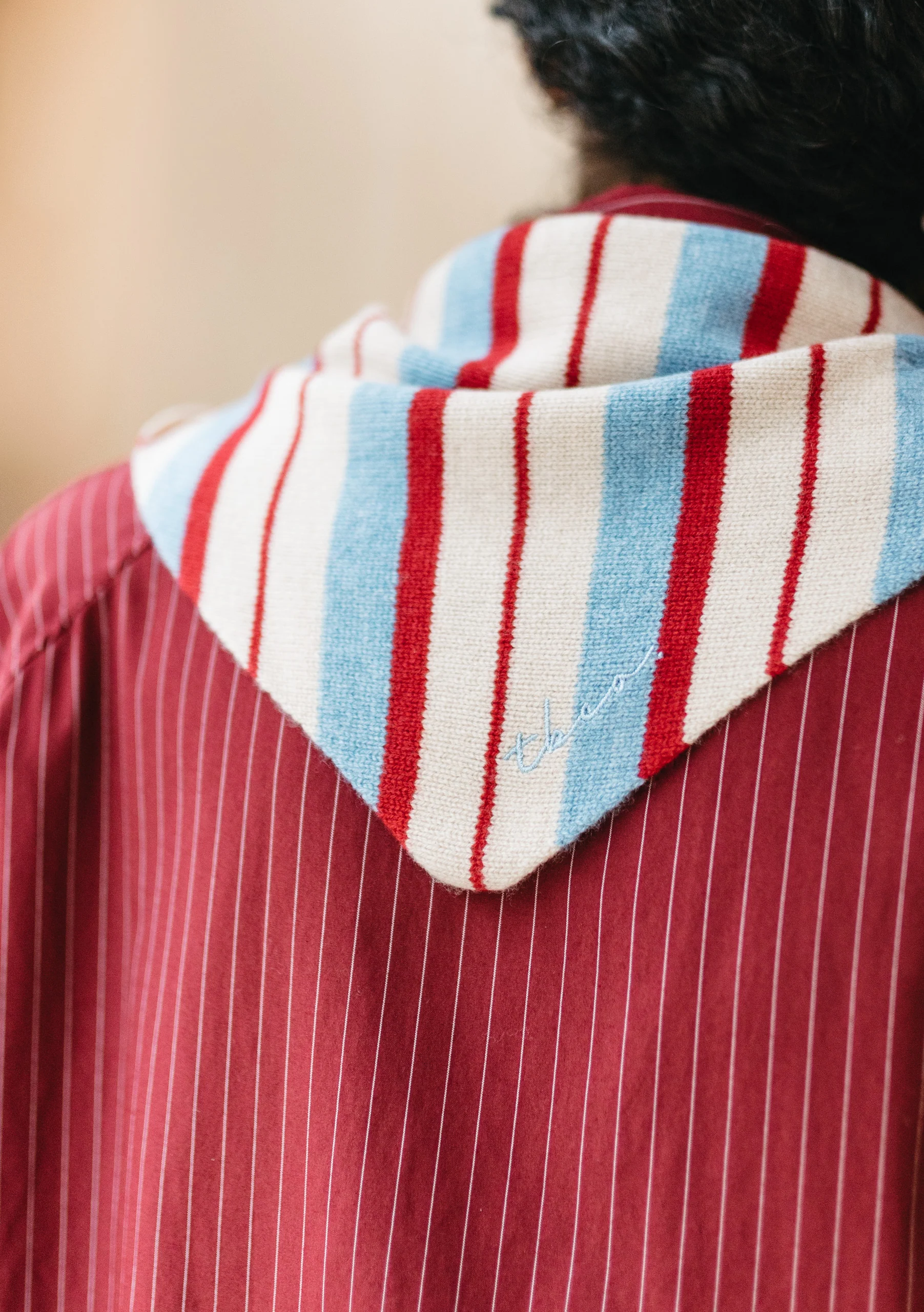 Merino Wool Triangle Scarf in Blue & Red Stripe - Image 3