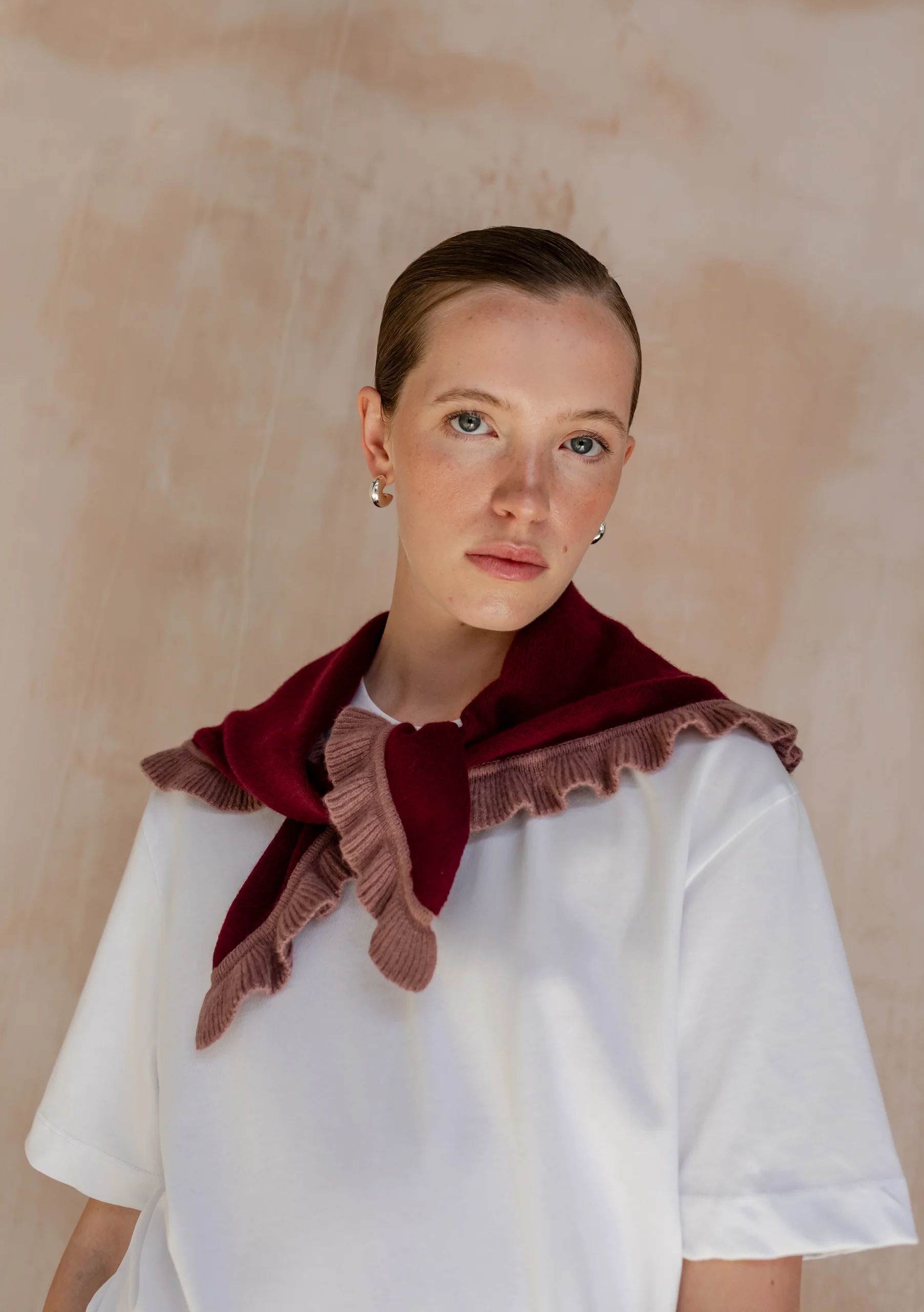 Merino Wool Triangle Scarf in Burgundy Ruffle
