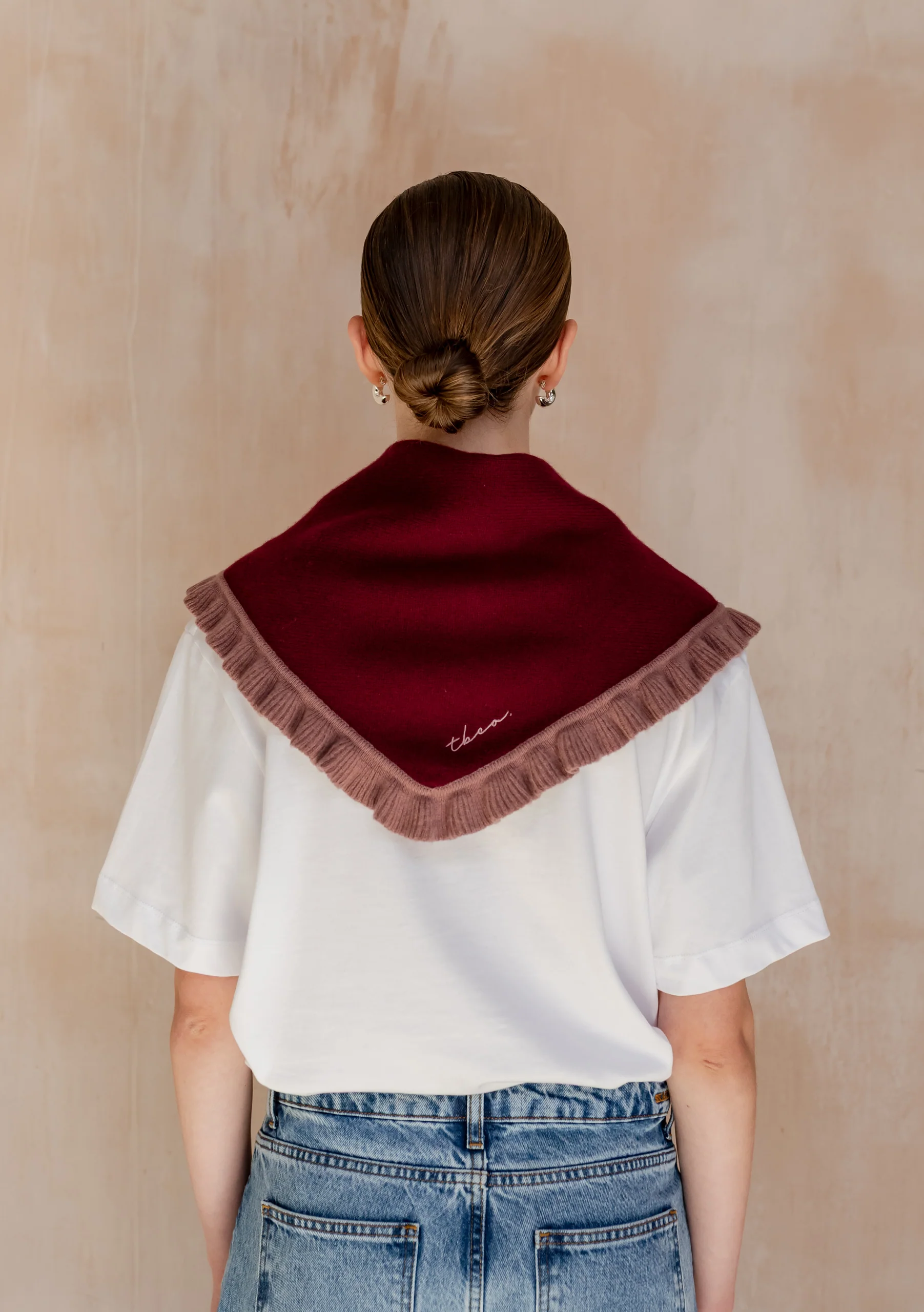 Merino Wool Triangle Scarf in Burgundy Ruffle - Image 2