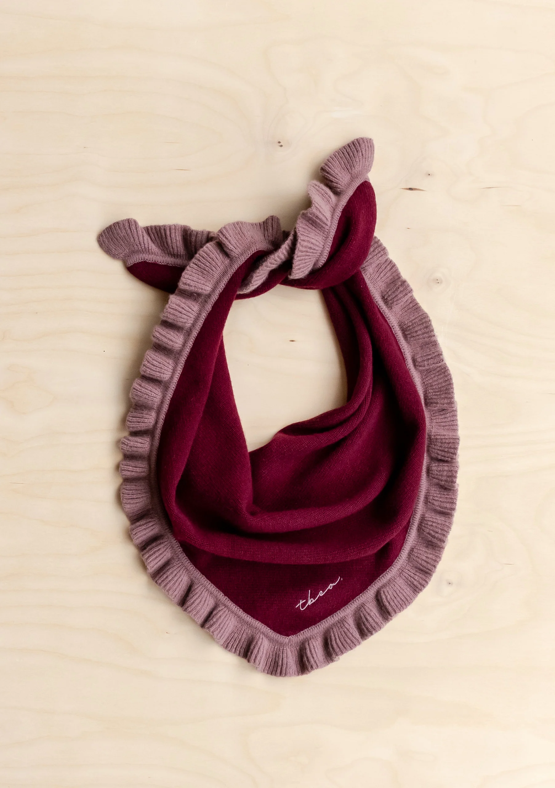 Merino Wool Triangle Scarf in Burgundy Ruffle - Image 3