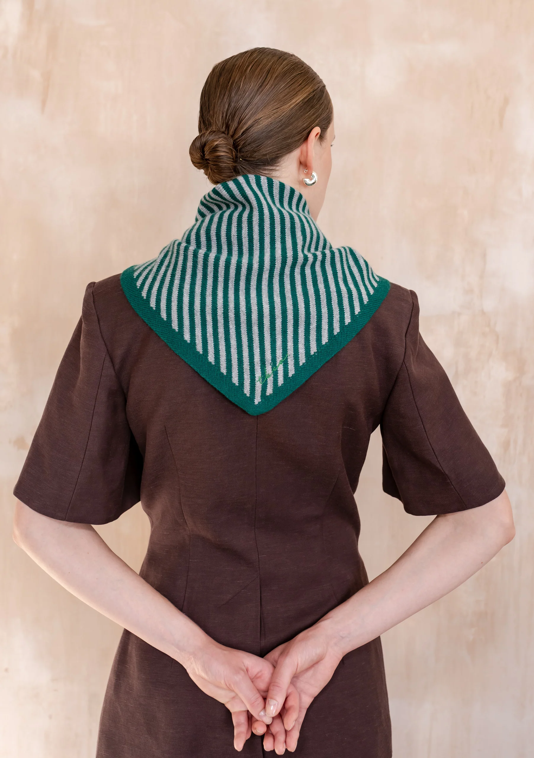 Merino Wool Triangle Scarf in Green & Charcoal Stripe - Image 2