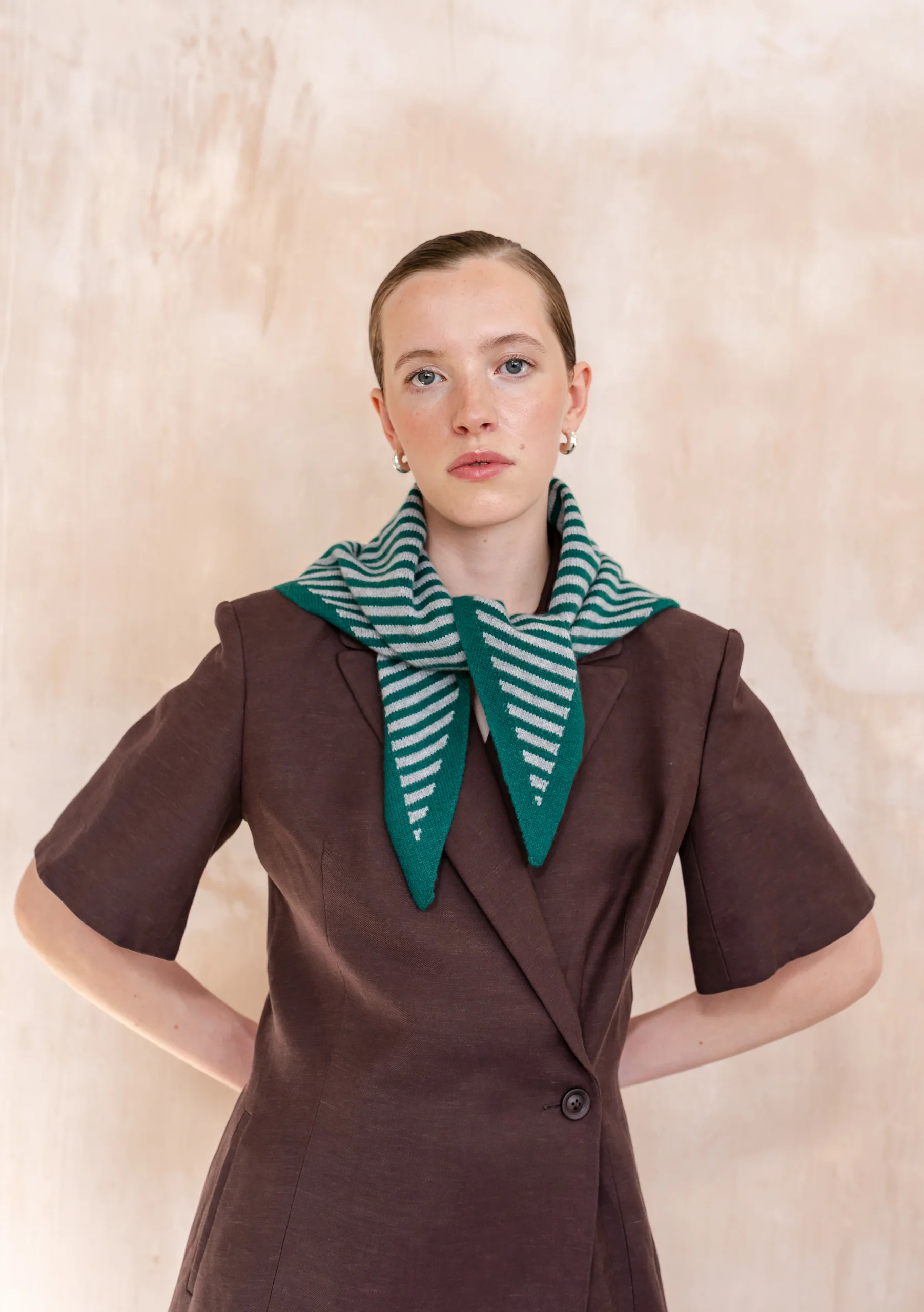 Merino Wool Triangle Scarf in Green & Charcoal Stripe - Image 3
