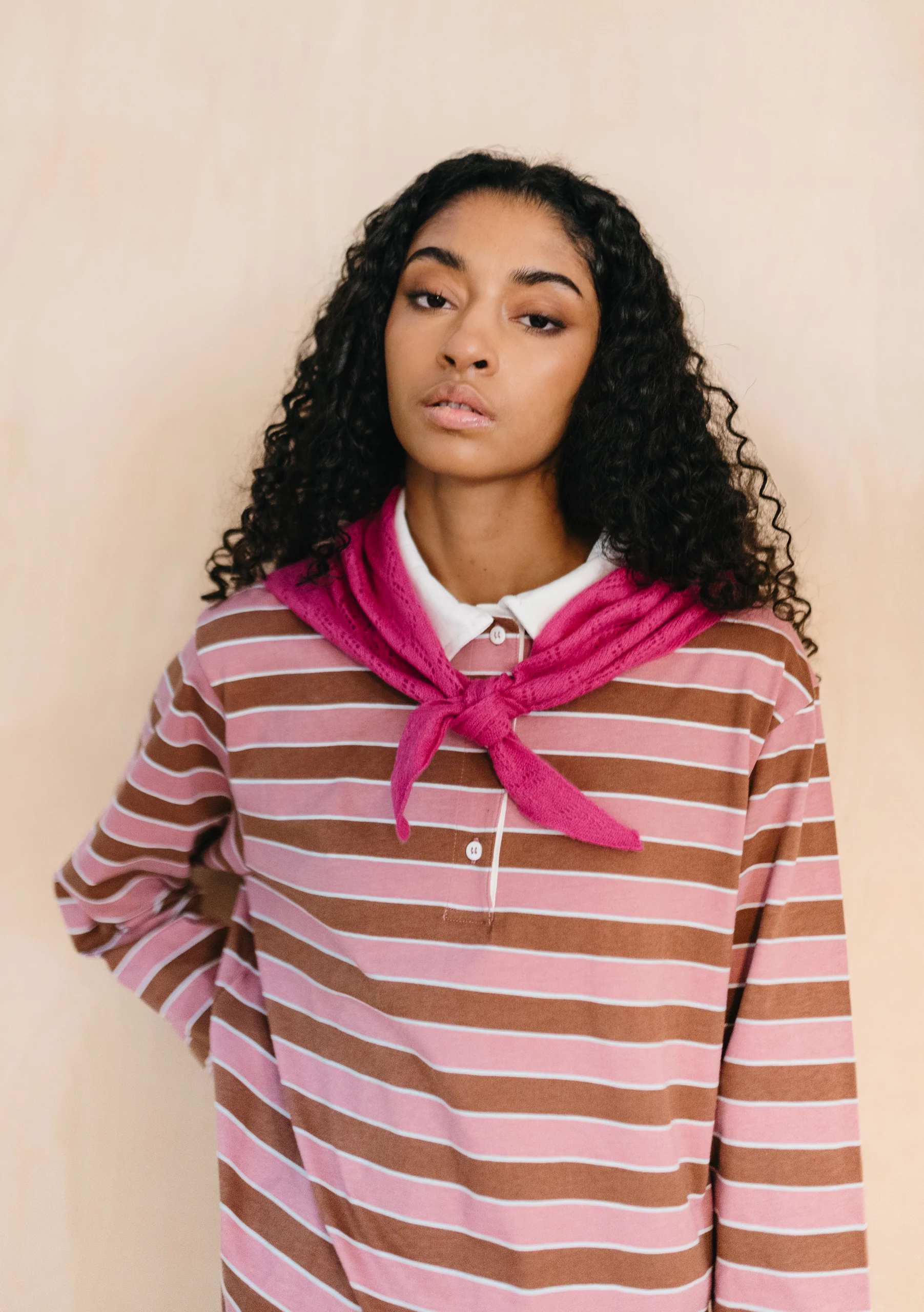 Merino Wool Triangle Scarf in Magenta Pointelle