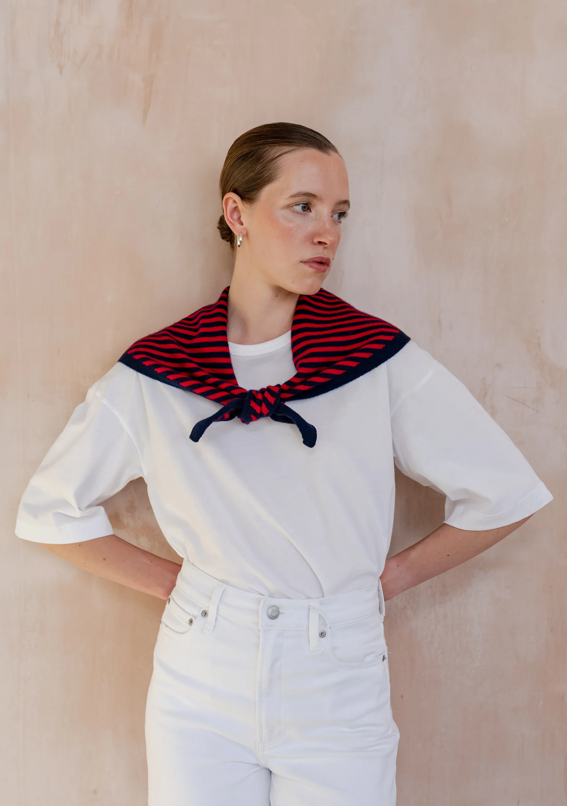 Merino Wool Triangle Scarf in Navy & Red Stripe - Image 2