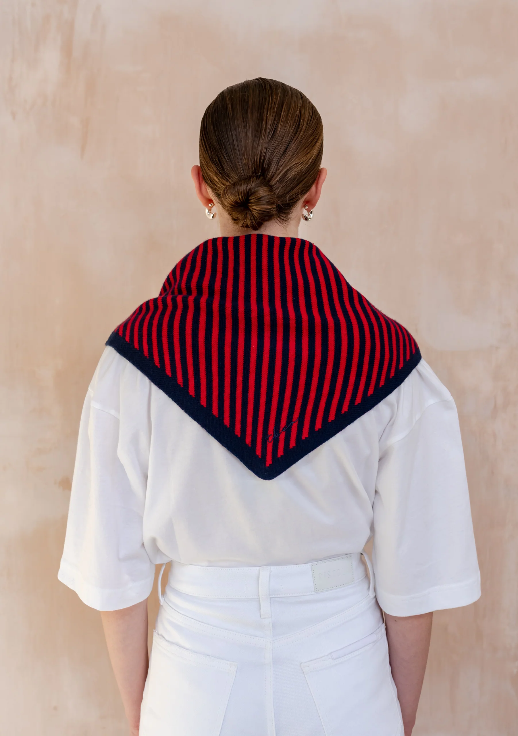 Merino Wool Triangle Scarf in Navy & Red Stripe - Image 3