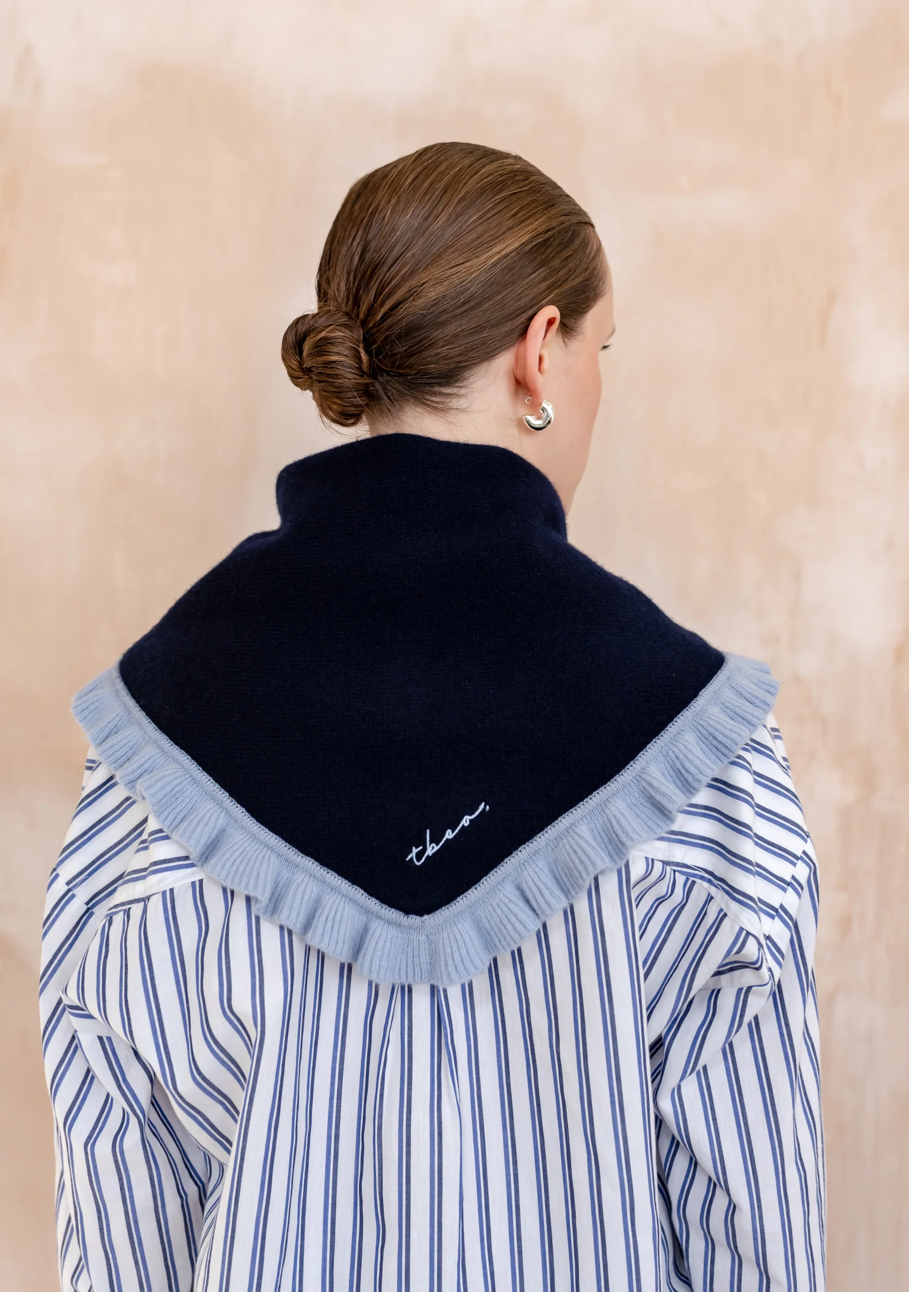 Merino Wool Triangle Scarf in Navy Ruffle - Image 3