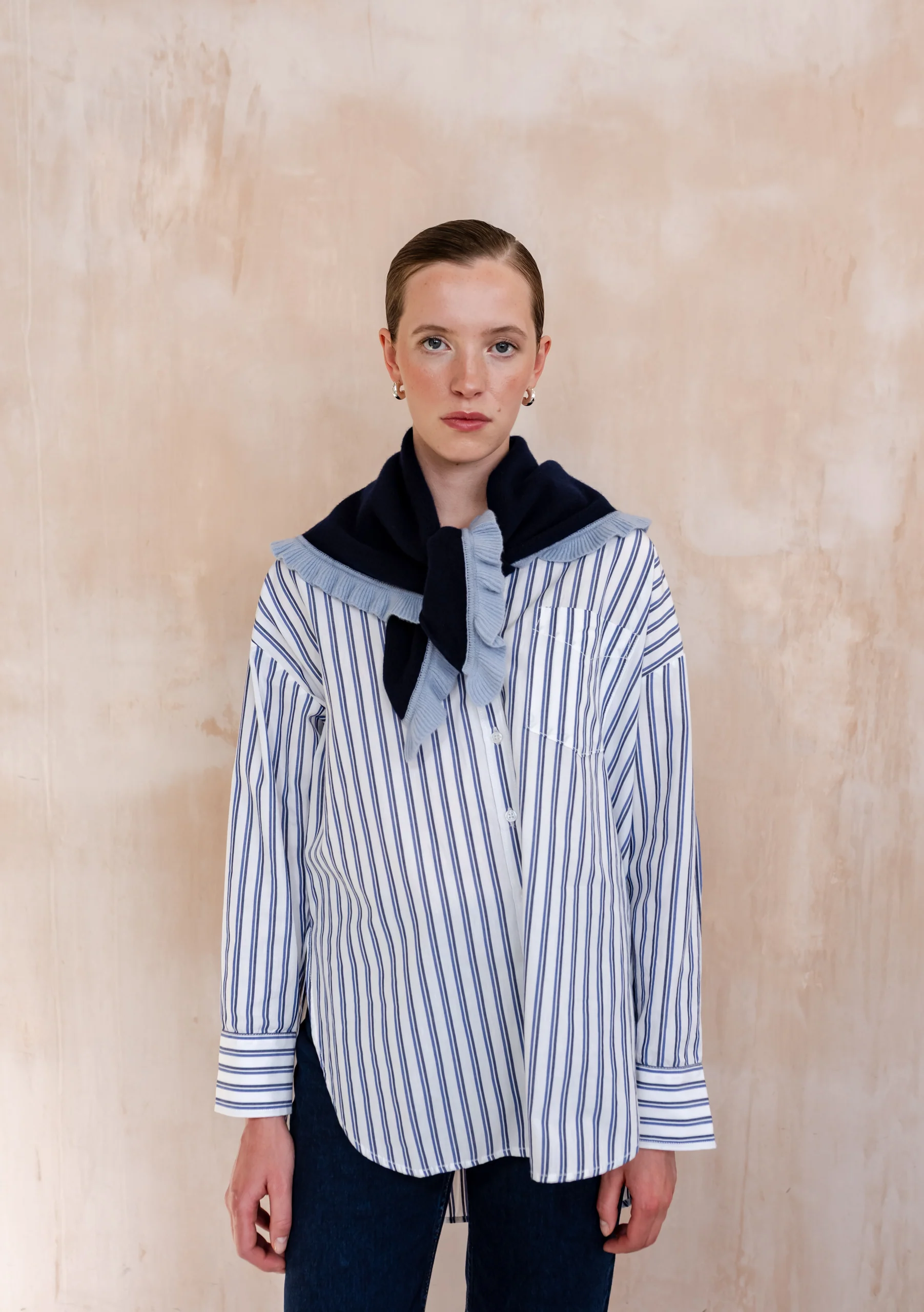 Merino Wool Triangle Scarf in Navy Ruffle - Image 4