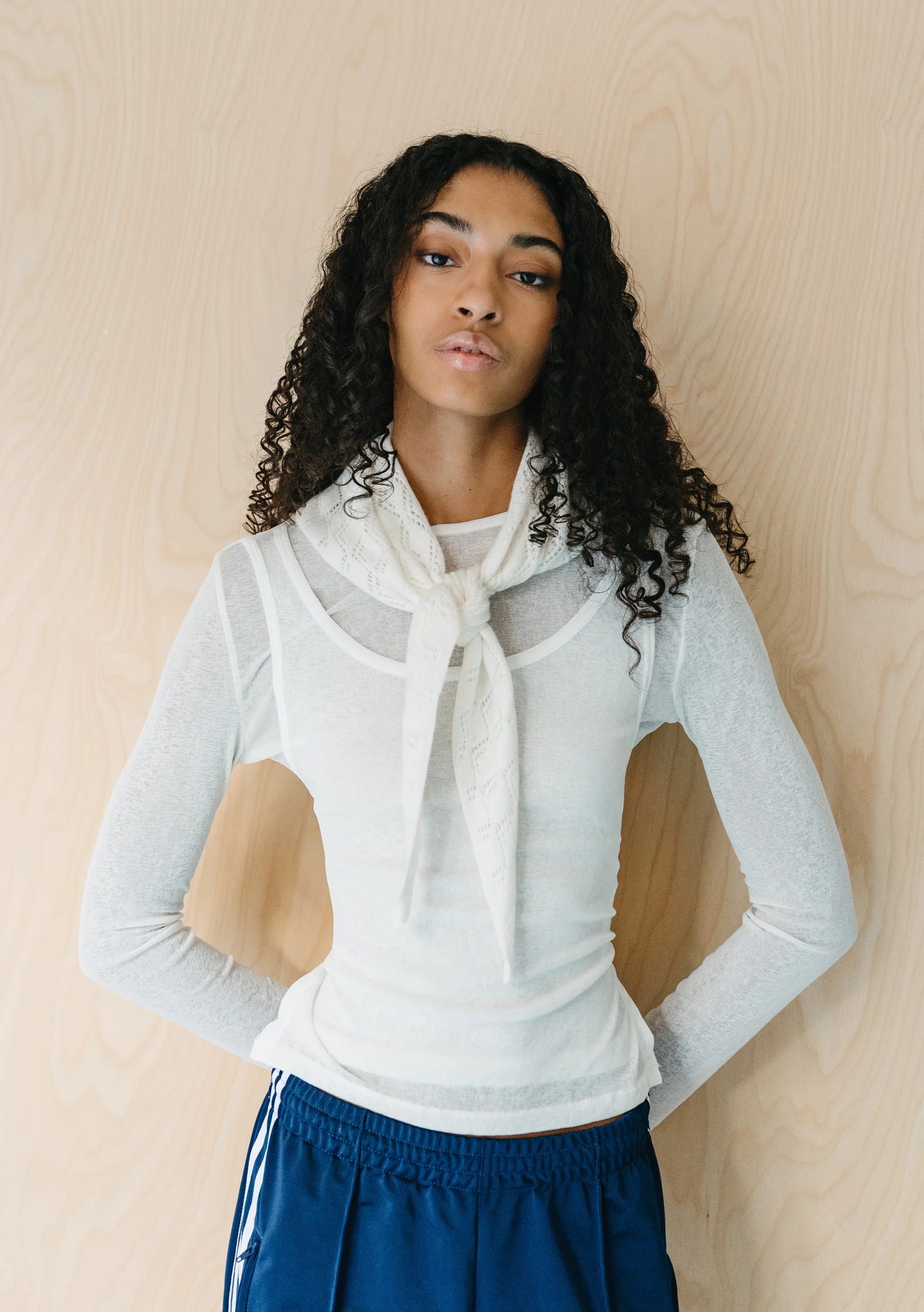 Merino Wool Triangle Scarf in White Pointelle - Image 4