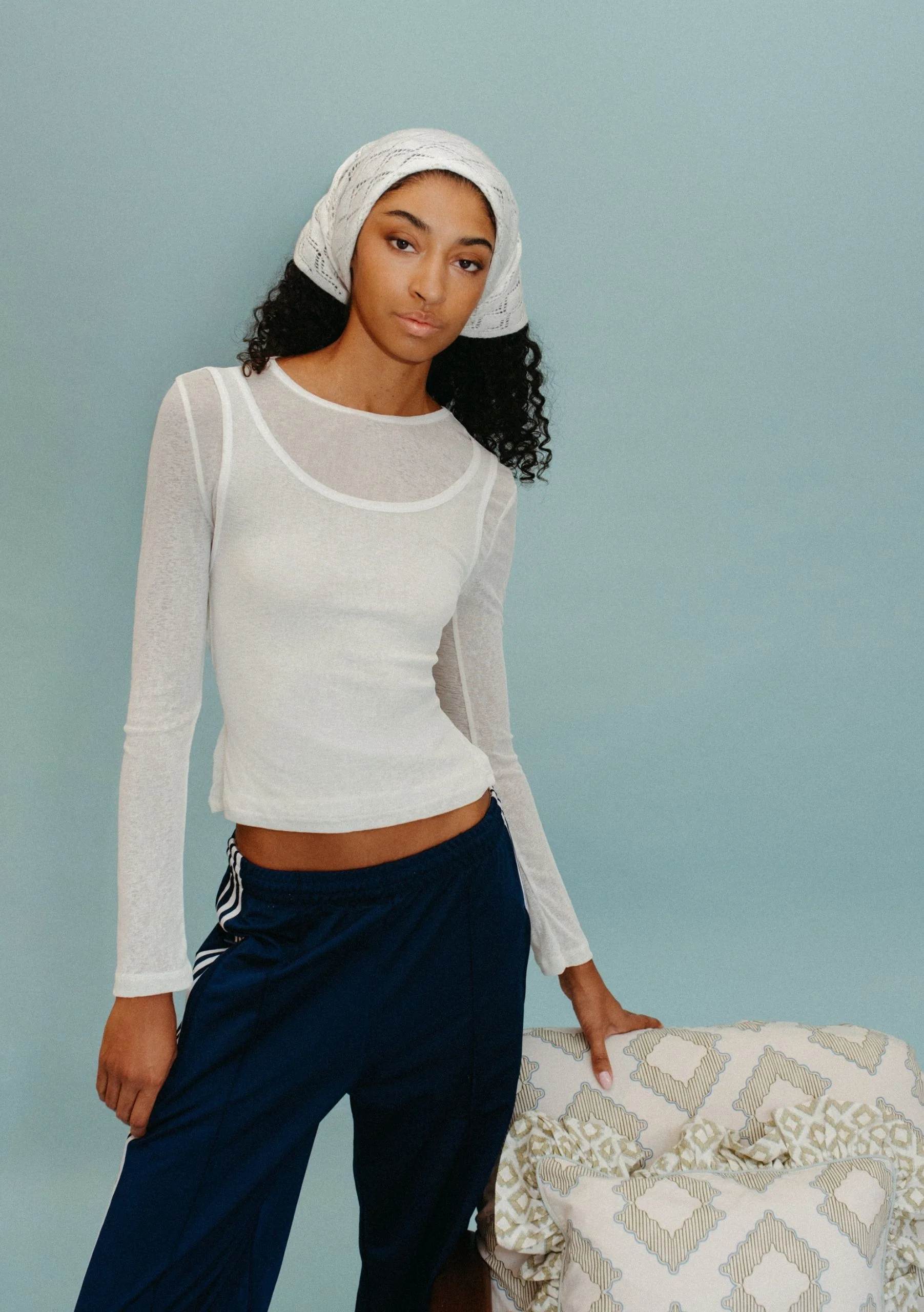 Merino Wool Triangle Scarf in White Pointelle - Image 5