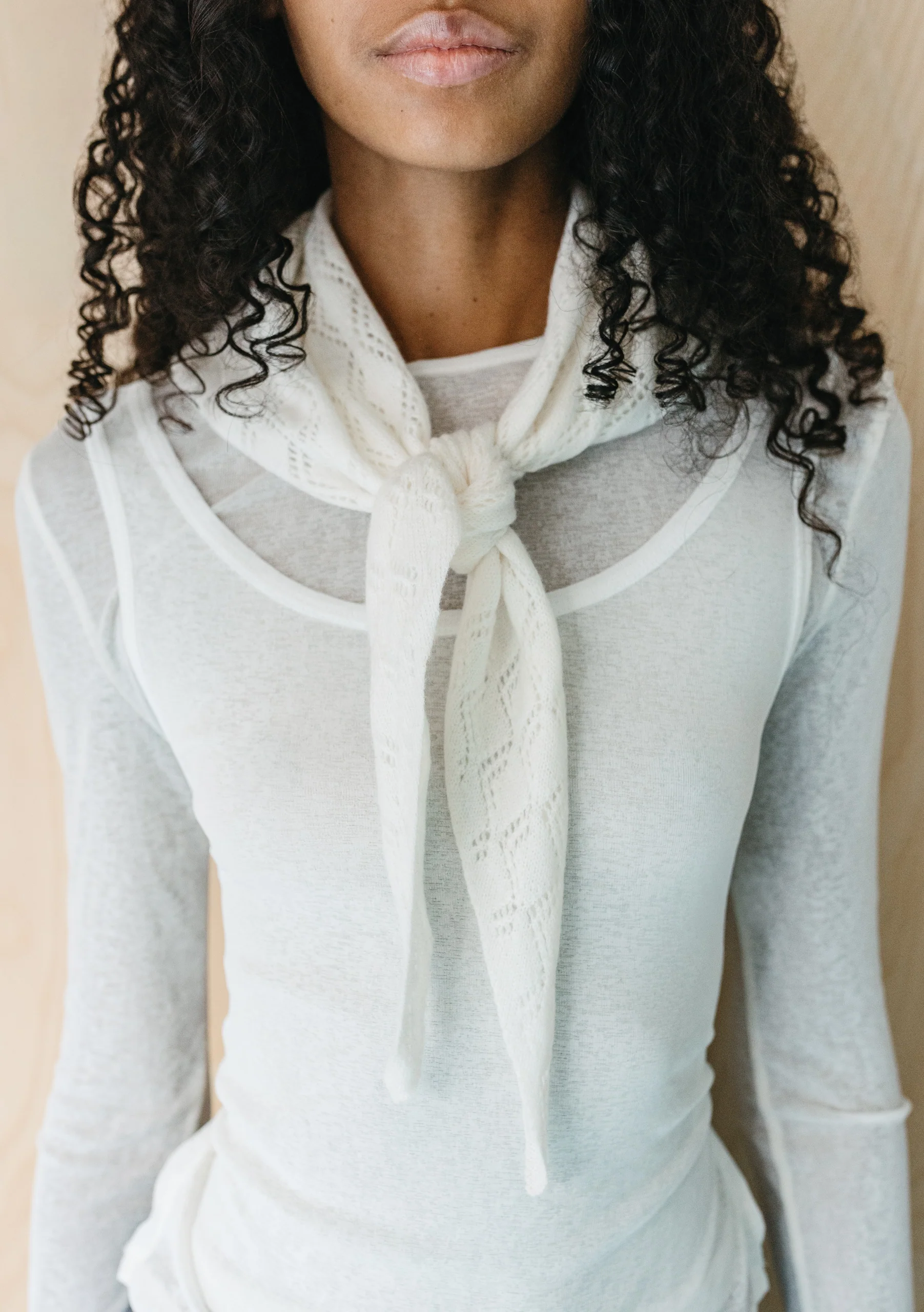 Merino Wool Triangle Scarf in White Pointelle - Image 6