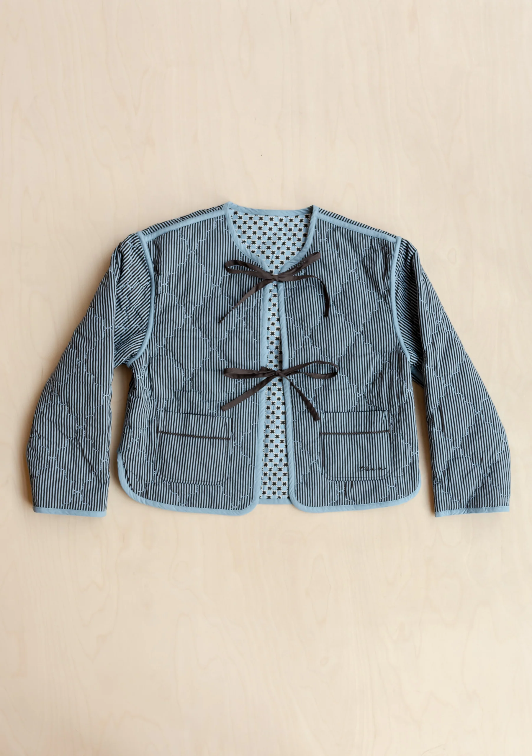 Quilted Cotton Jacket in Reversible Blue Celestial Stripe - Image 3