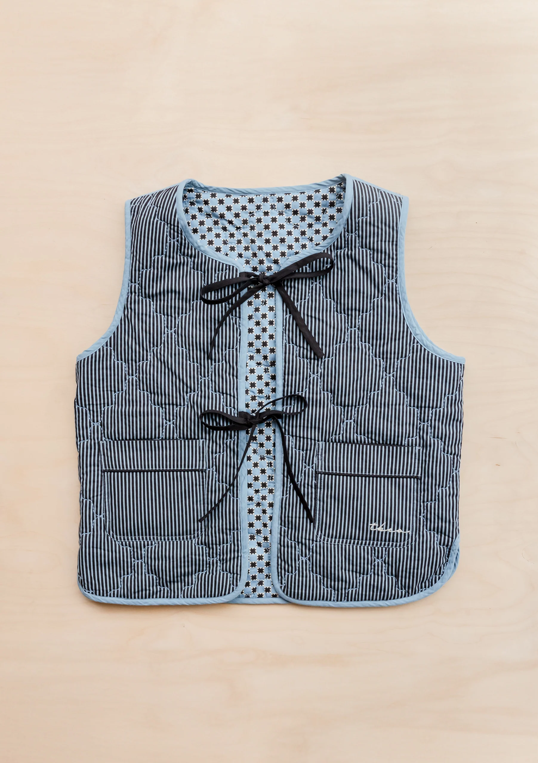 Quilted Cotton Vest in Reversible Blue Celestial Stripe - Image 3