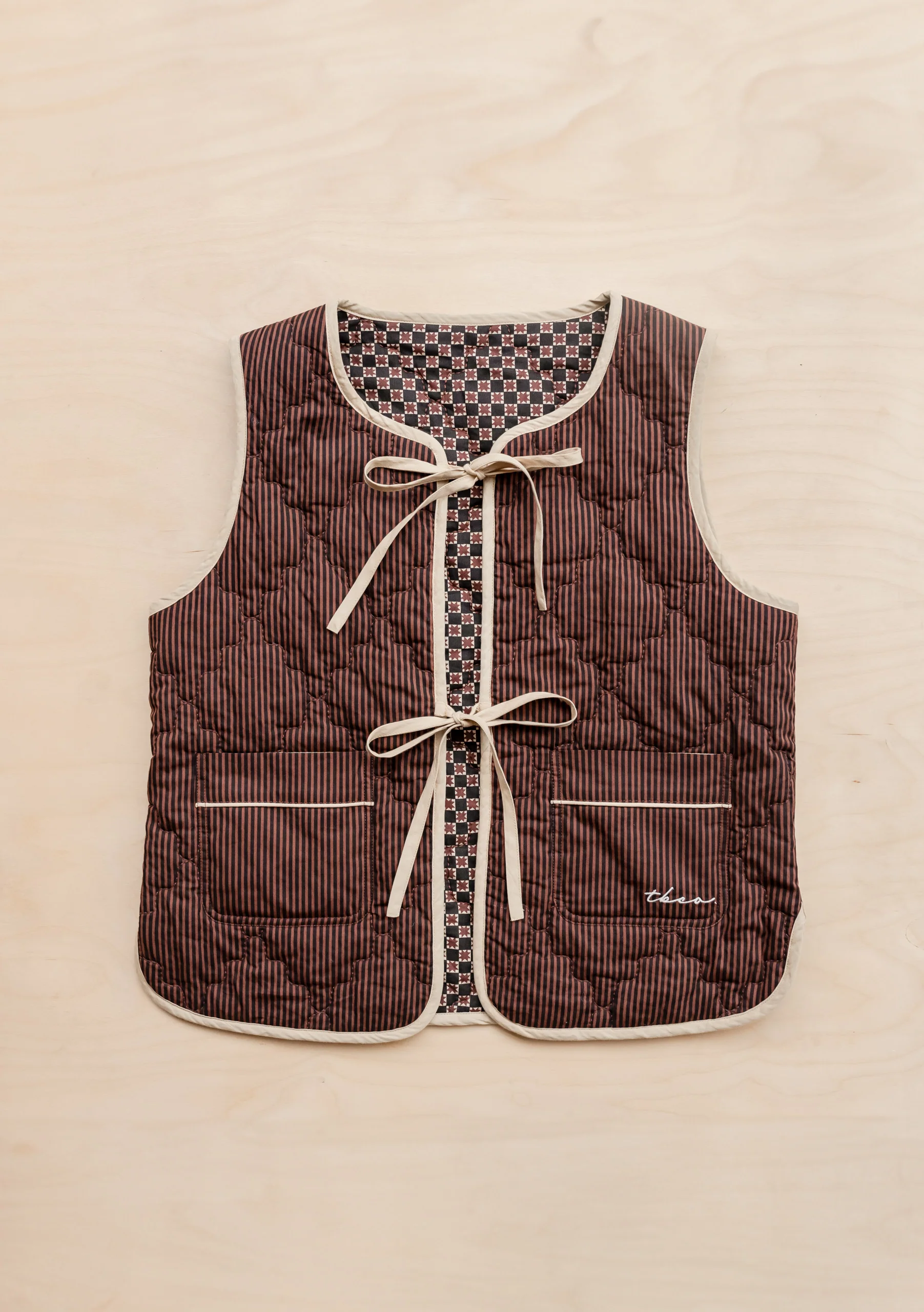 Quilted Cotton Vest in Reversible Brown Celestial Stripe - Image 3