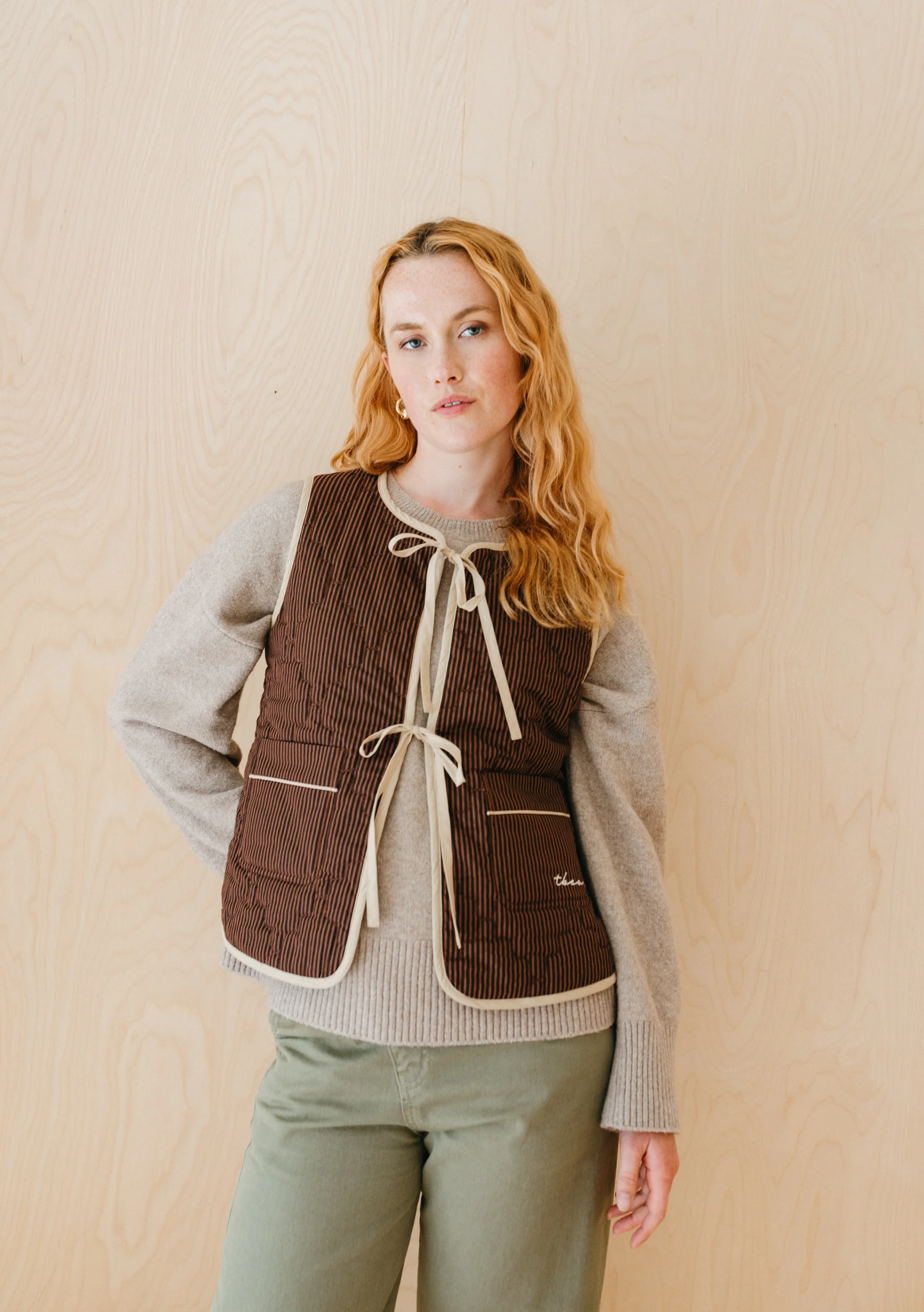 Quilted Cotton Vest in Reversible Brown Celestial Stripe - Image 5