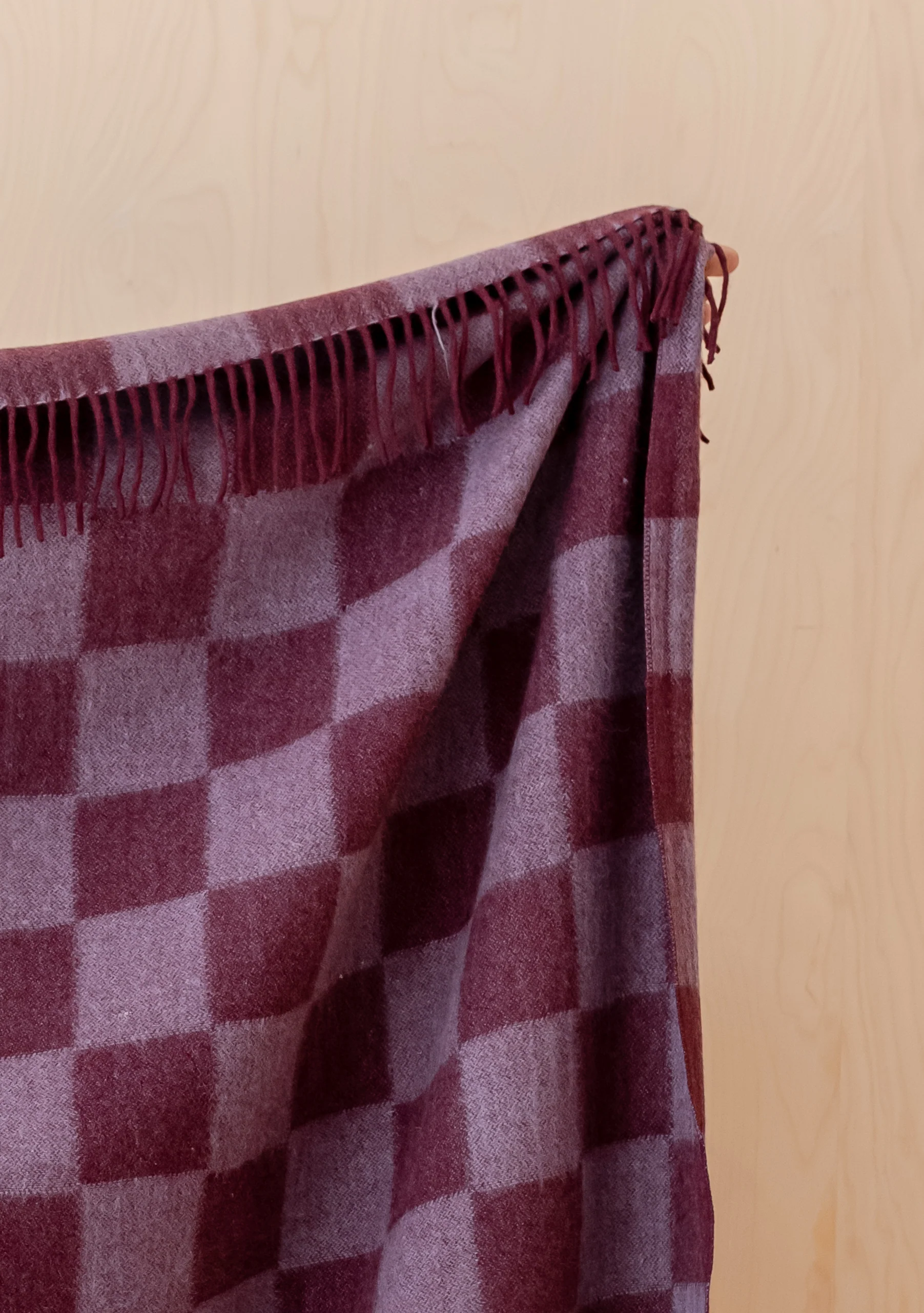 Recycled Wool Blanket in Burgundy & Lilac Checkerboard - Image 3