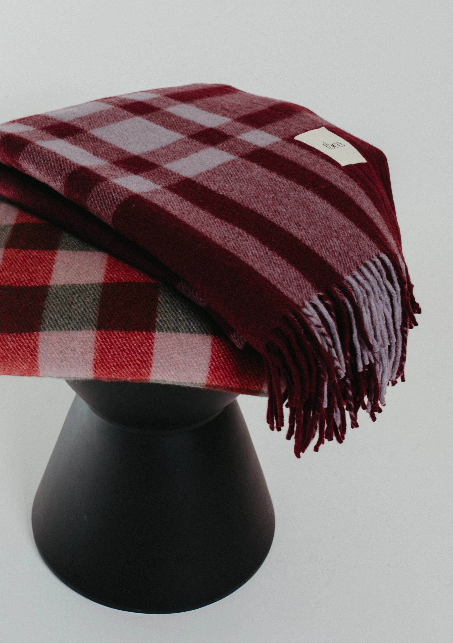 Recycled Wool Blanket in Burgundy Modern Tartan - Image 2