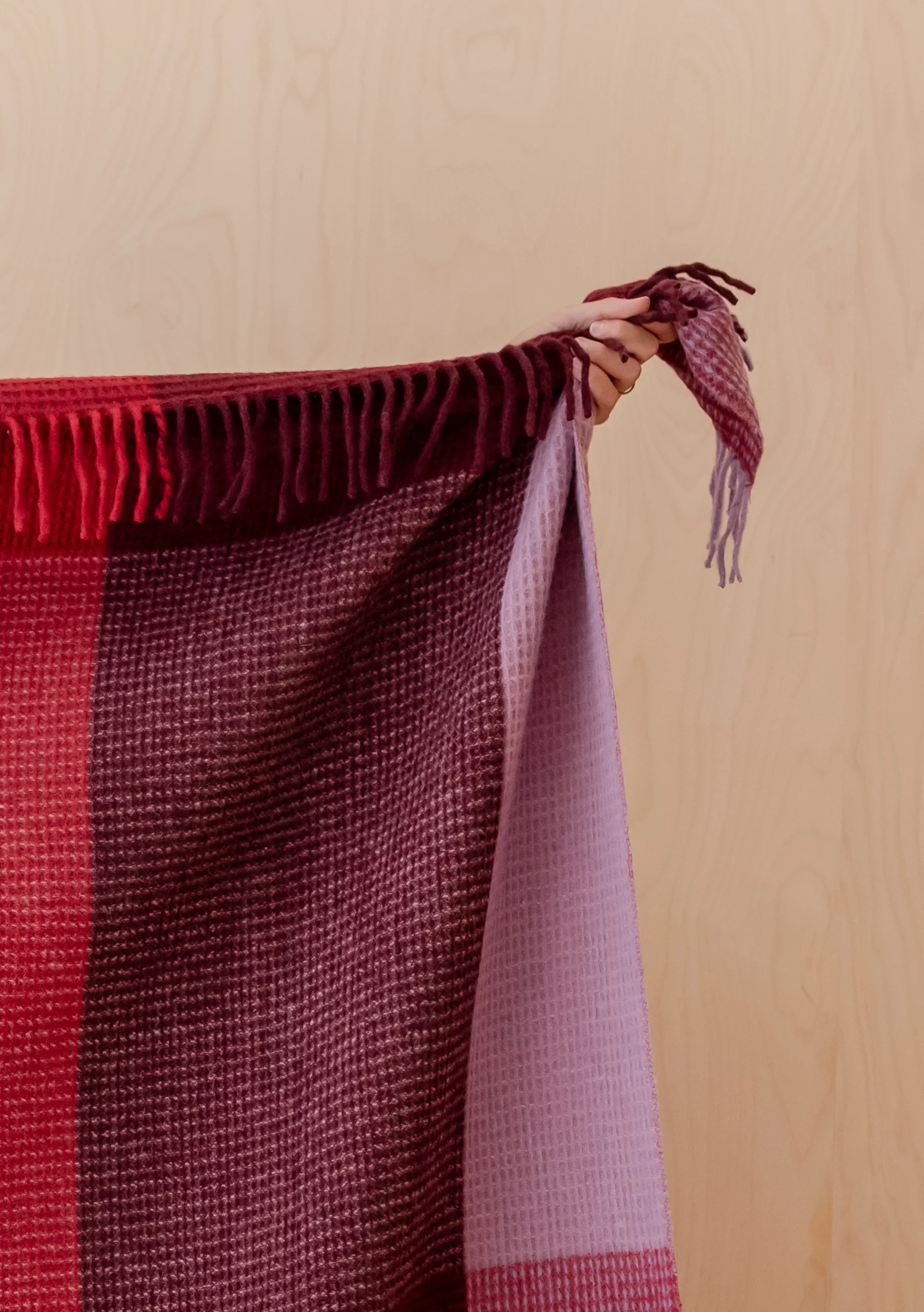 Recycled Wool Blanket in Burgundy Waffle Block Check - Image 3